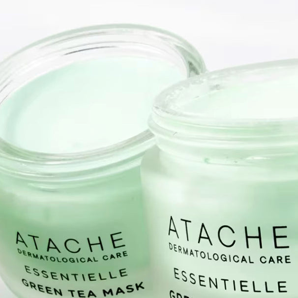 Creamy green tea skincare mask in open jar, part of Atache - Specialized Skincare Products collection, designed for dermatological care and skin rejuvenation.
