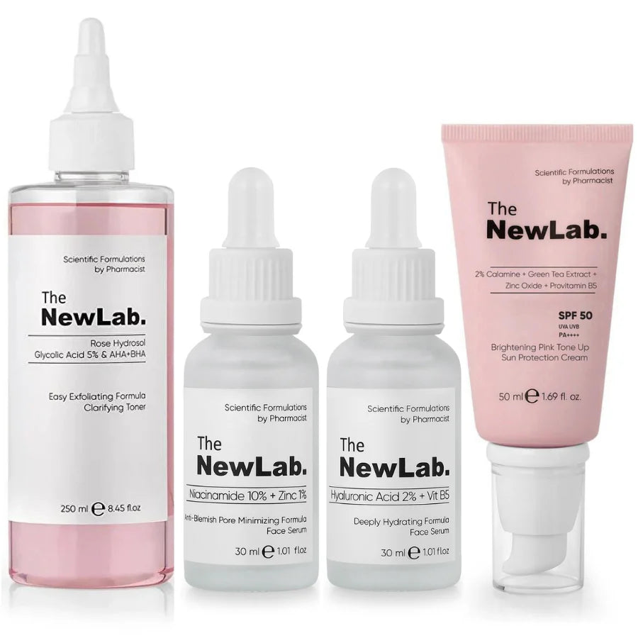 The NewLab skincare set with toner, serums, and SPF protection cream.