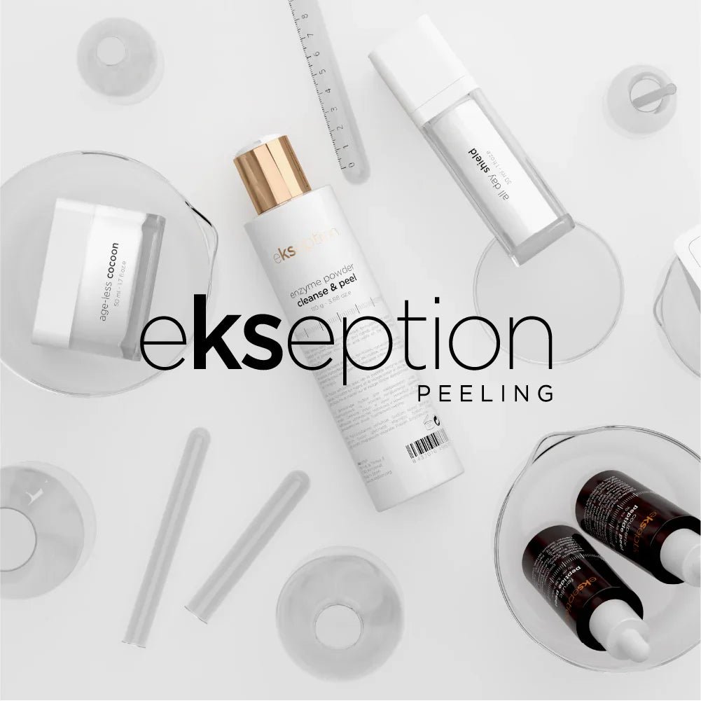 Ekseption Peeling skincare products with serums and creams displayed.