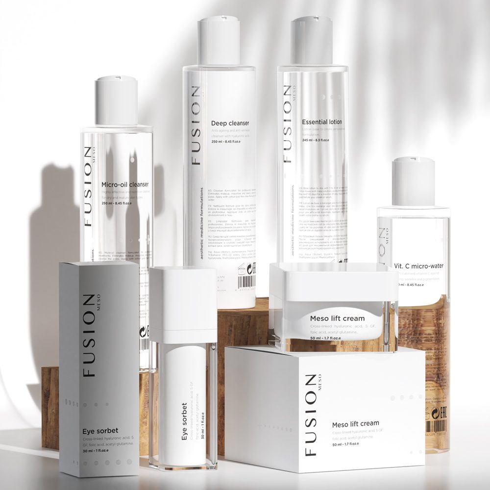 Fusion Meso skincare collection with cleansers, creams, and serums.