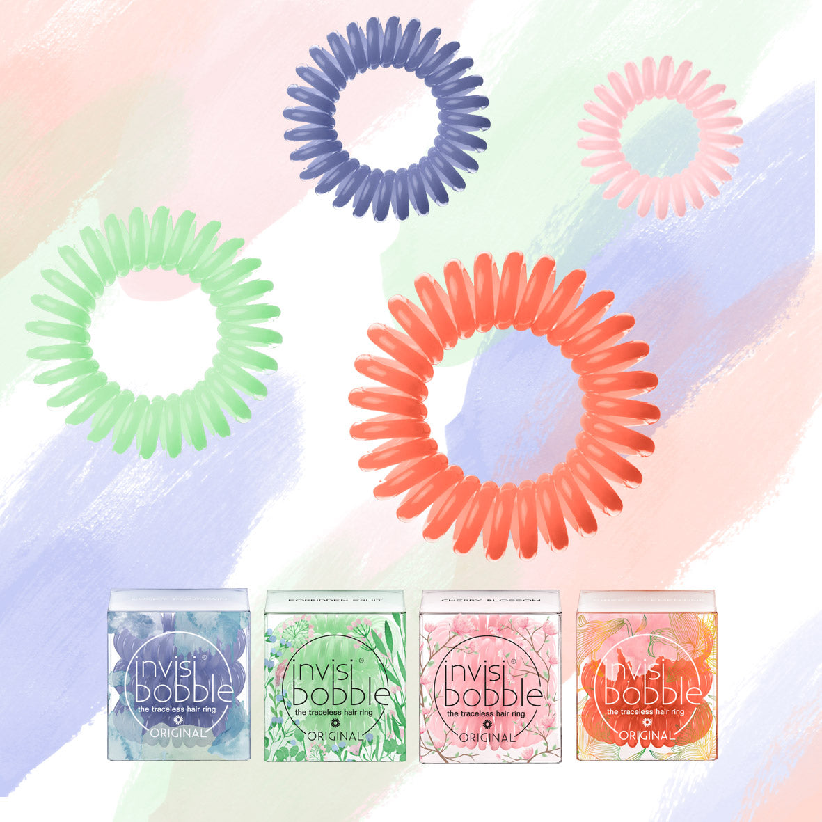 Invisibobble hair ties in various colors with matching packaging.
