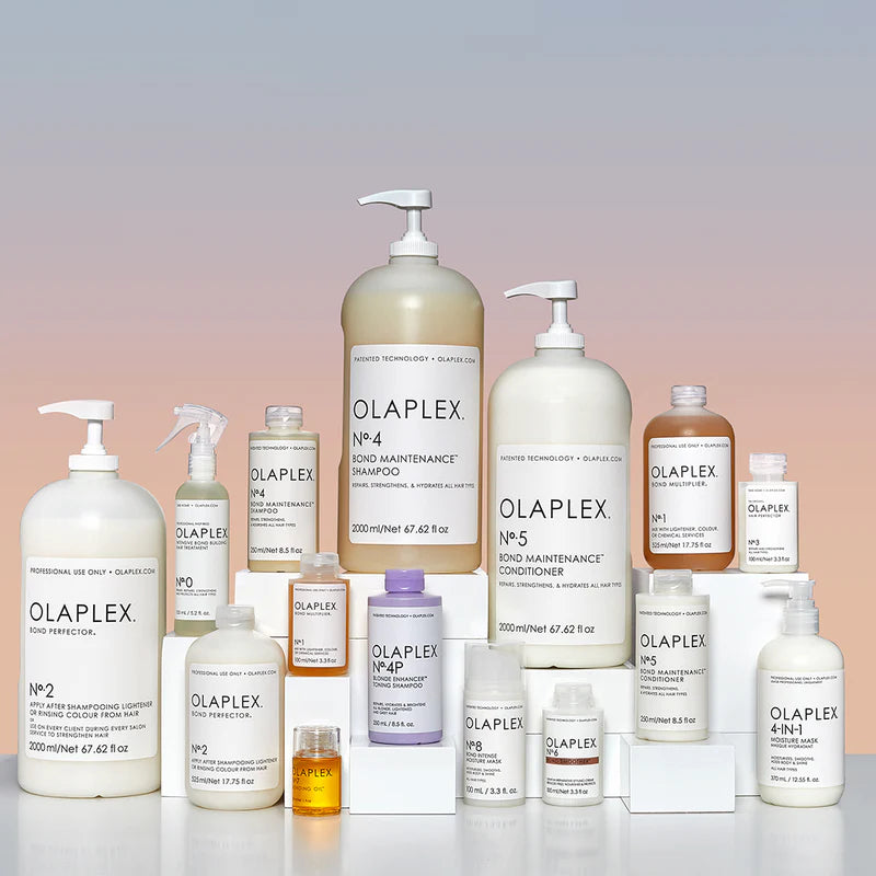 Olaplex hair care products collection, including shampoos, conditioners, and treatments.