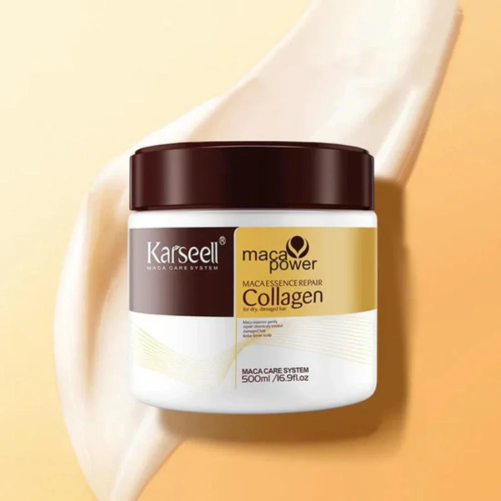 The image shows a jar of Karseel Maca Power Collagen Maca Essence Repair. The label highlights that the product is designed for dry, damaged hair and has a capacity of 500ml (16.91 fl. oz).