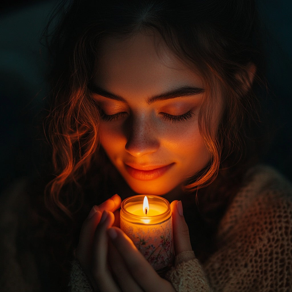 A young woman with curly hair holds a lit candle close to her face, her eyes gently closed as she enjoys its warm glow. The soft, flickering light illuminates her serene expression, casting a cozy ambiance. She is in an intimate and peaceful atmosphere.