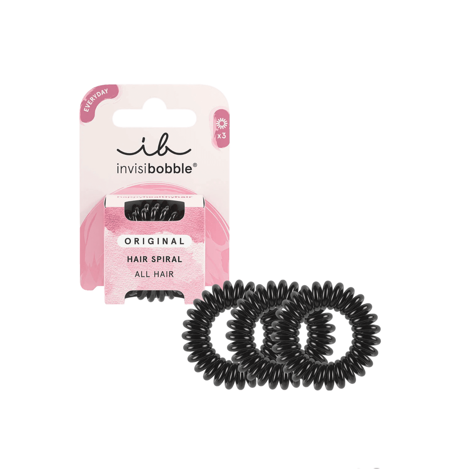 Invisibobble Original True Black hair rings - 3-piece set. Traceless, spiral-shaped hair ties designed for a secure hold without creases or breakage.
