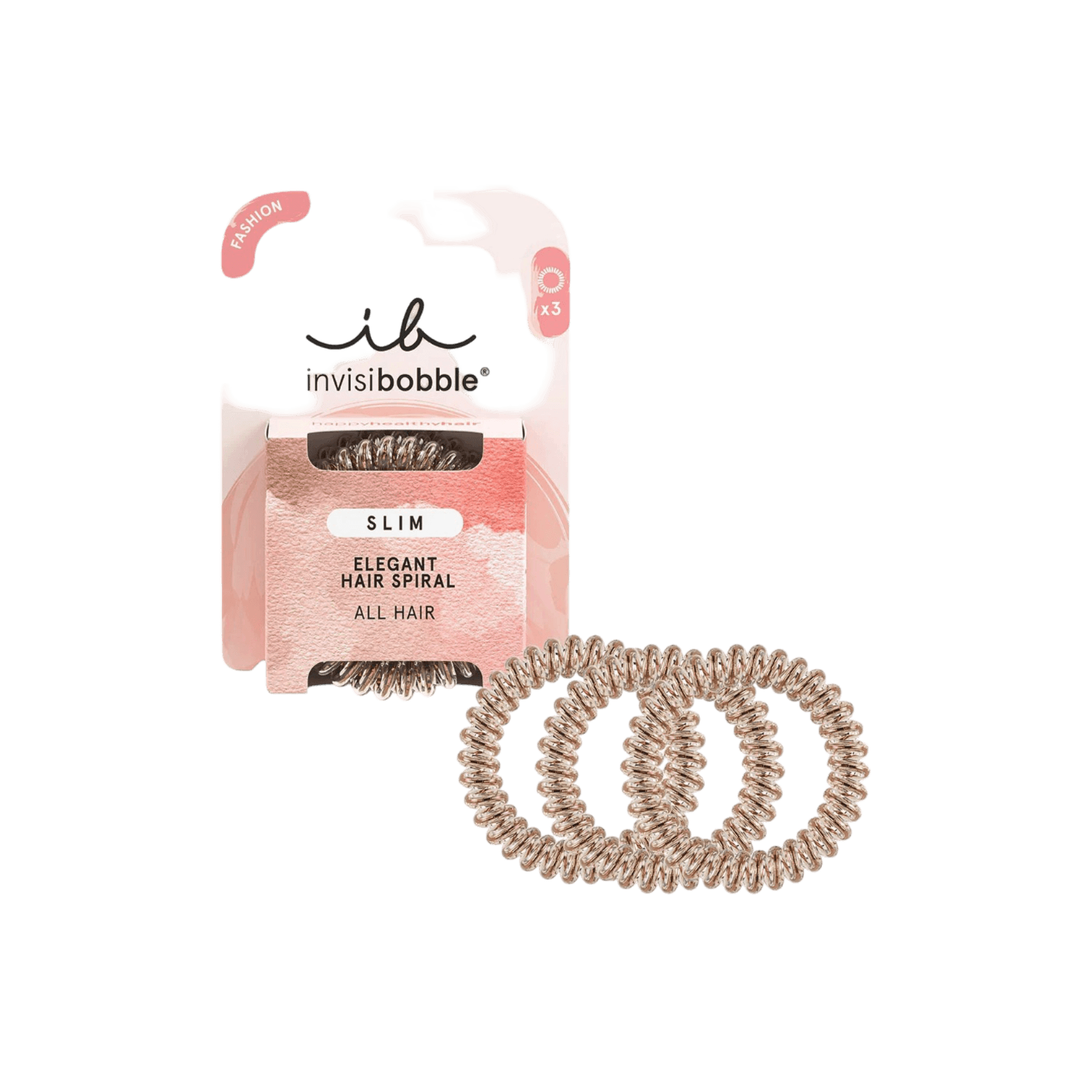 Invisibobble Slim Bronze Me Pretty hair rings, set of three, featuring an elegant, slim spiral design for a strong yet gentle hold without kinks or damage.