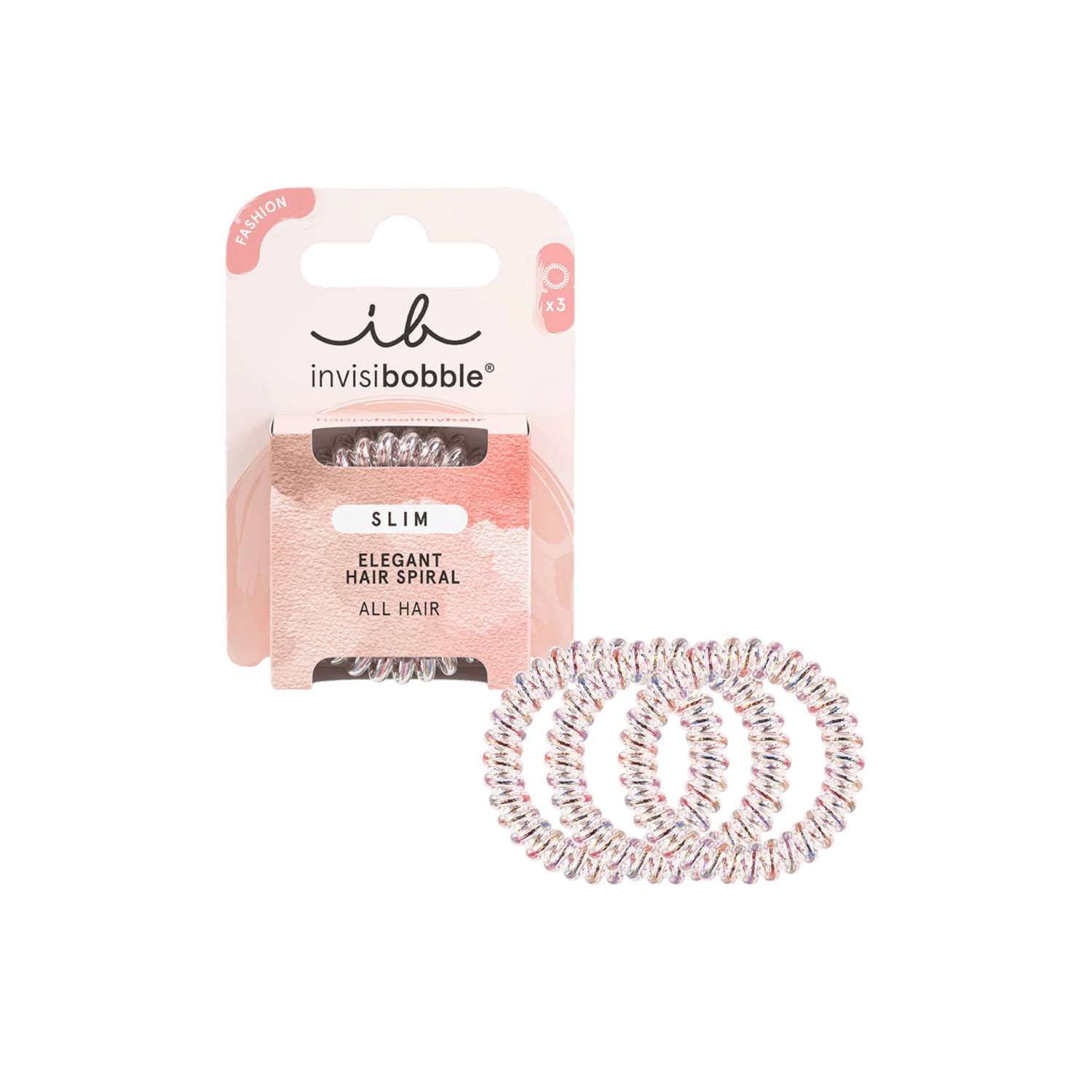 Invisibobble Slim Vanity hair rings in a pack of three, featuring a slim, spiral design for a strong yet gentle hold. Ideal for all hair types, preventing kinks and damage.