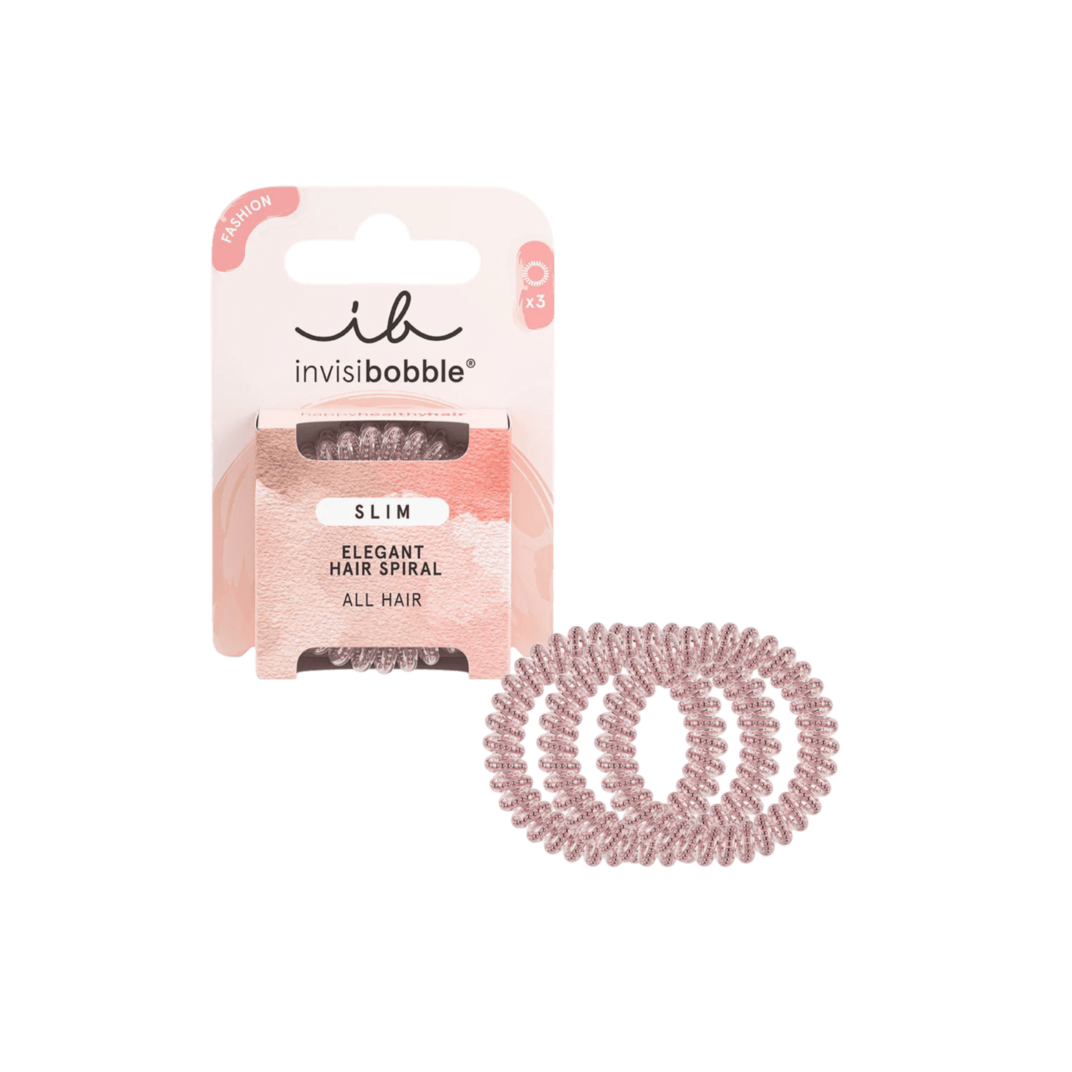 Invisibobble Slim Pink Monocle hair rings, set of three, featuring a slim, spiral design for a strong yet gentle hold. Ideal for all hair types, preventing kinks and damage.
