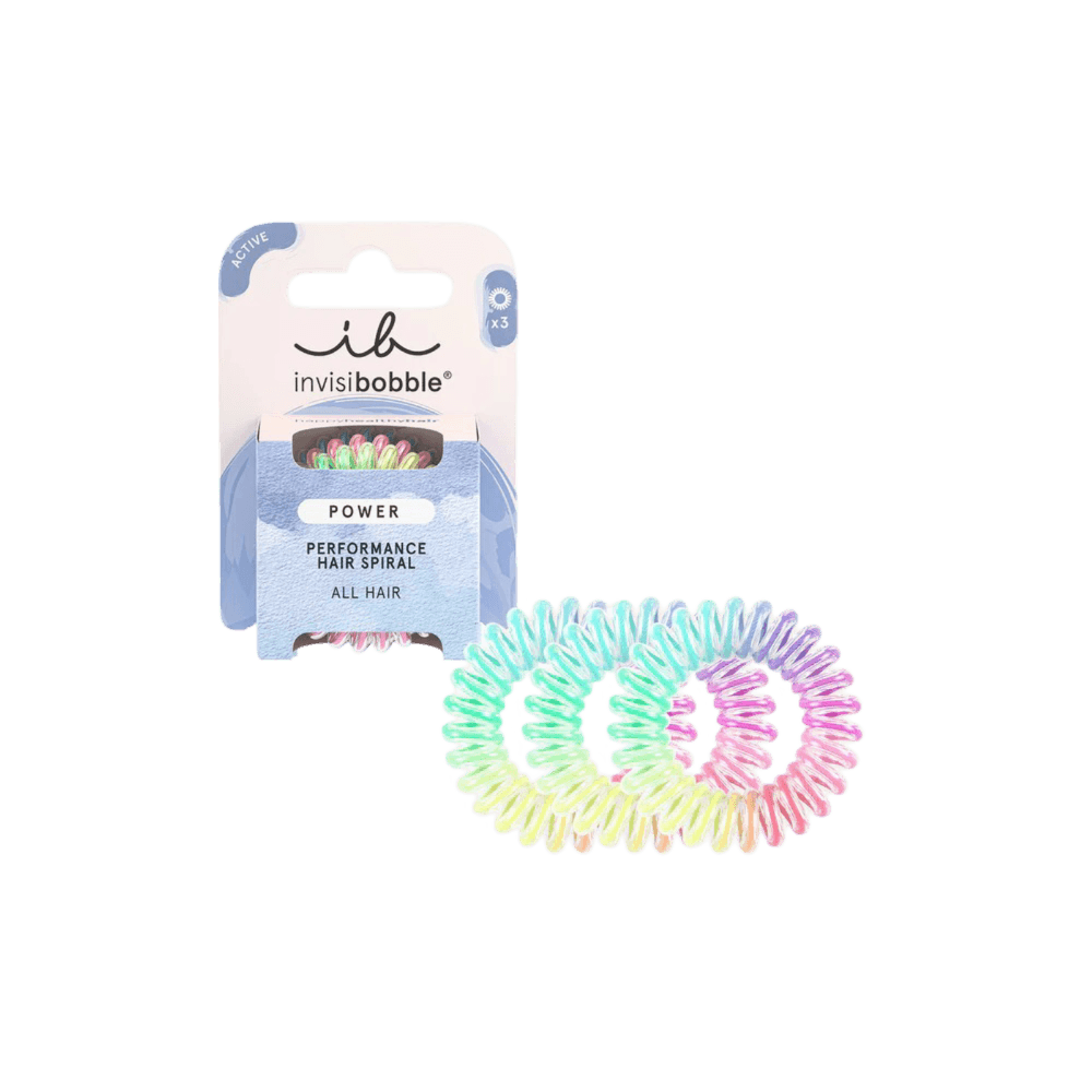 Invisibobble Power Magic Rainbow hair rings - 3-piece set with a strong, spiral design for secure hold. Ideal for all hair types and active lifestyles.