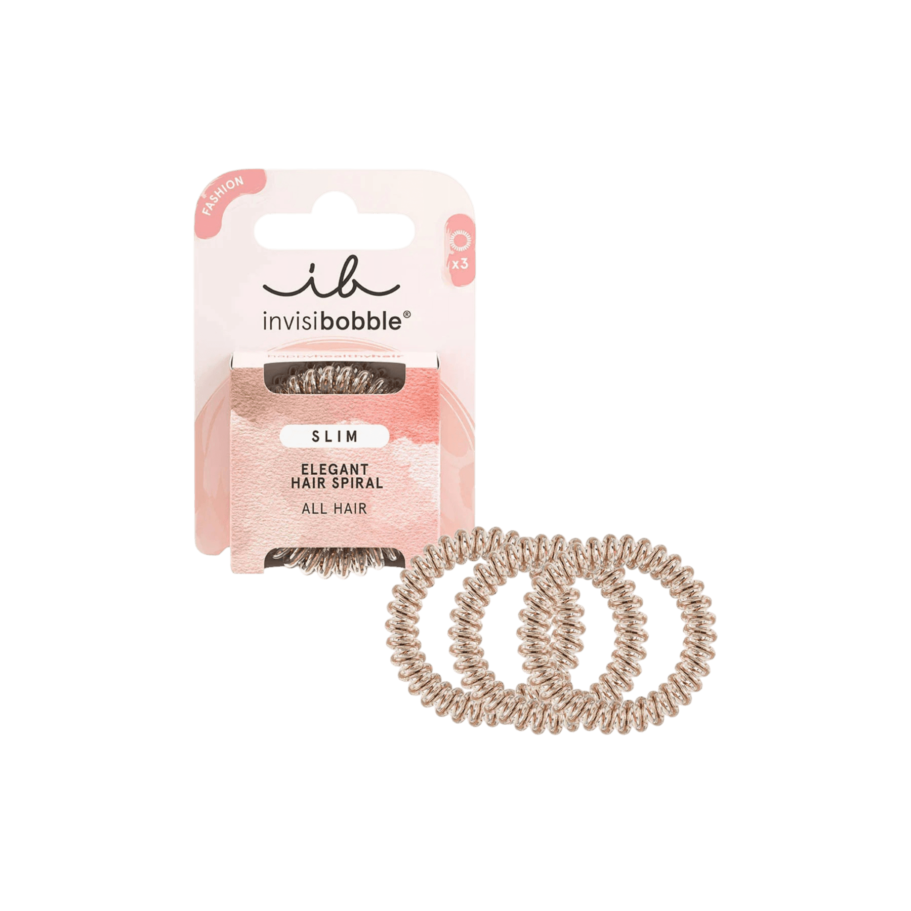 Invisibobble Slim Bronze & Beads hair rings, set of three, featuring an elegant spiral design for a strong yet gentle hold. Ideal for all hair types and traceless styling.