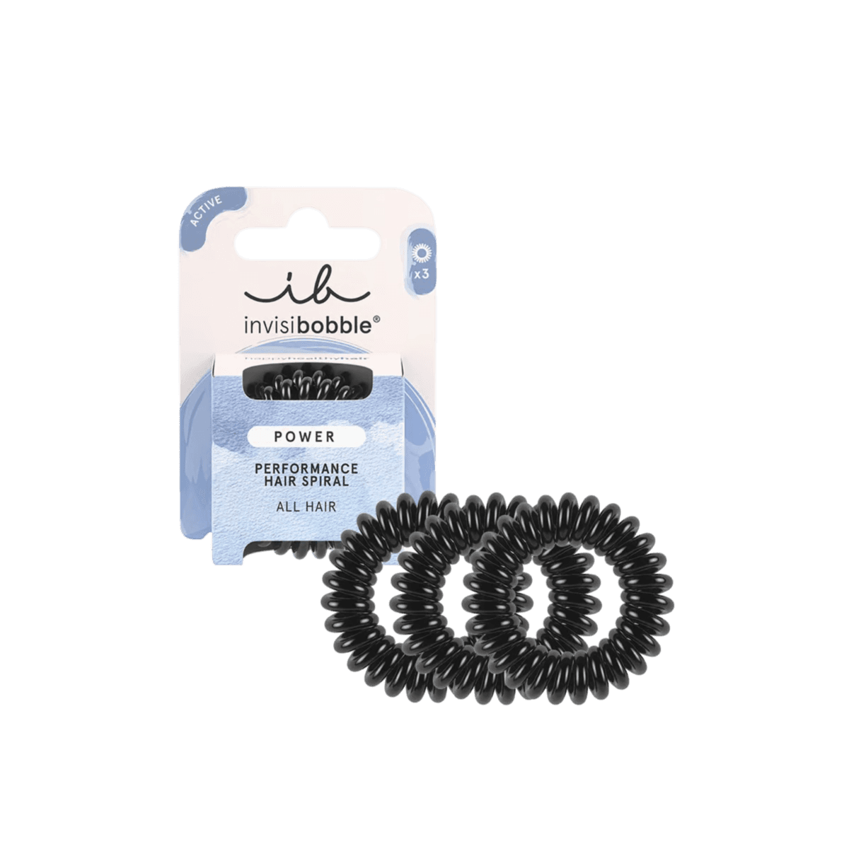 Invisibobble Power True Black hair rings, set of three, designed for strong hold and comfort. Ideal for all hair types, workouts, and daily wear.