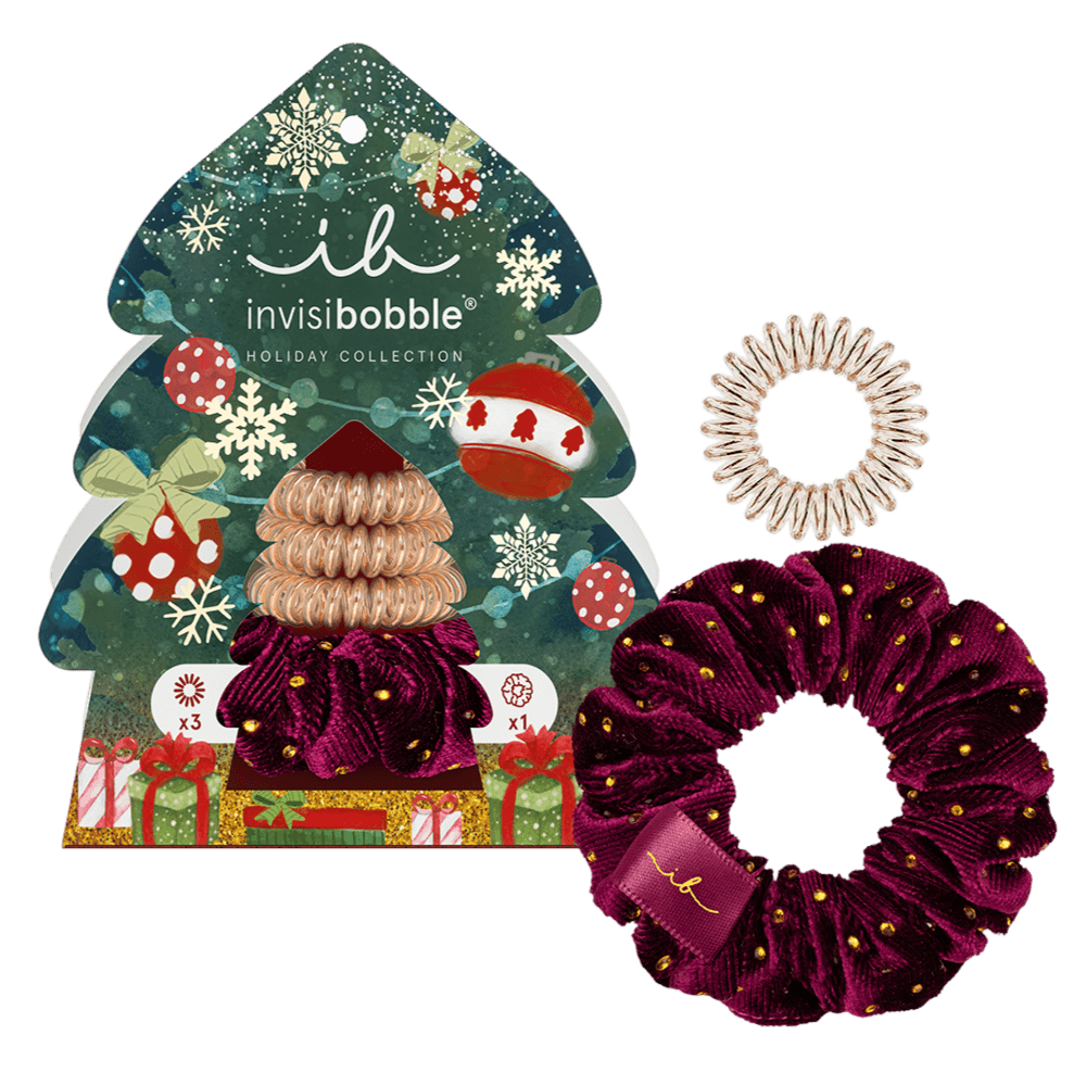 Invisibobble Holiday Set Good Things Come in Trees - 4 pieces featuring festive gold and bronze hair accessories. Includes a velvet SPRUNCHIE and traceless hair rings, perfect for all hair types.