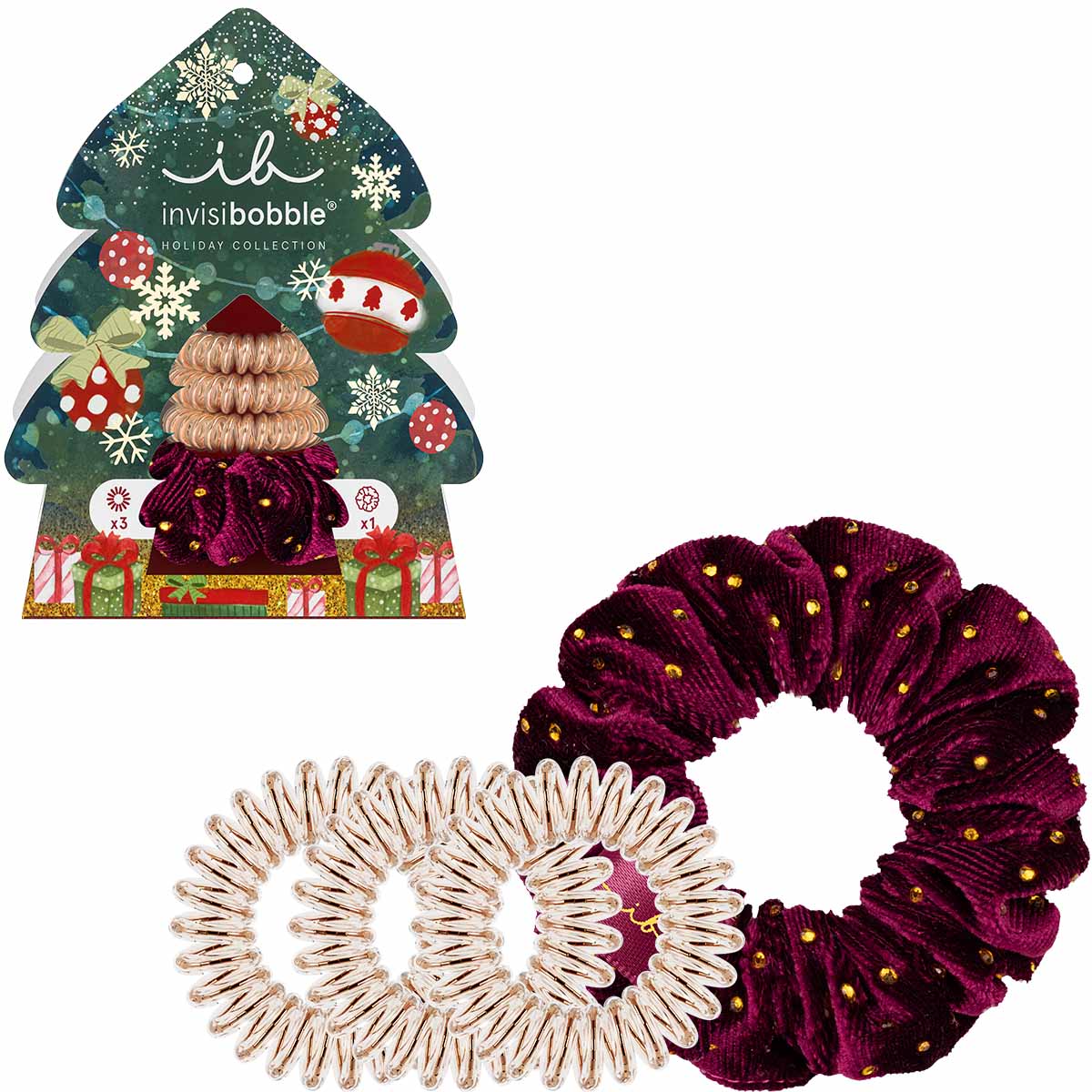 Invisibobble Holiday Set Good Things Come in Trees - 4 pieces featuring a festive burgundy SPRUNCHIE with gold accents and three gold traceless hair rings. Perfect for all hair types, this limited-edition set adds a stylish touch to holiday hairstyles.