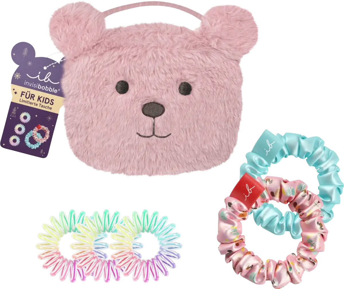 Invisibobble Kids Set Pink Teddy - 6 Pieces featuring a plush pink teddy bear pouch, colorful spiral hair rings, and soft fabric sprunchies for gentle hair styling.