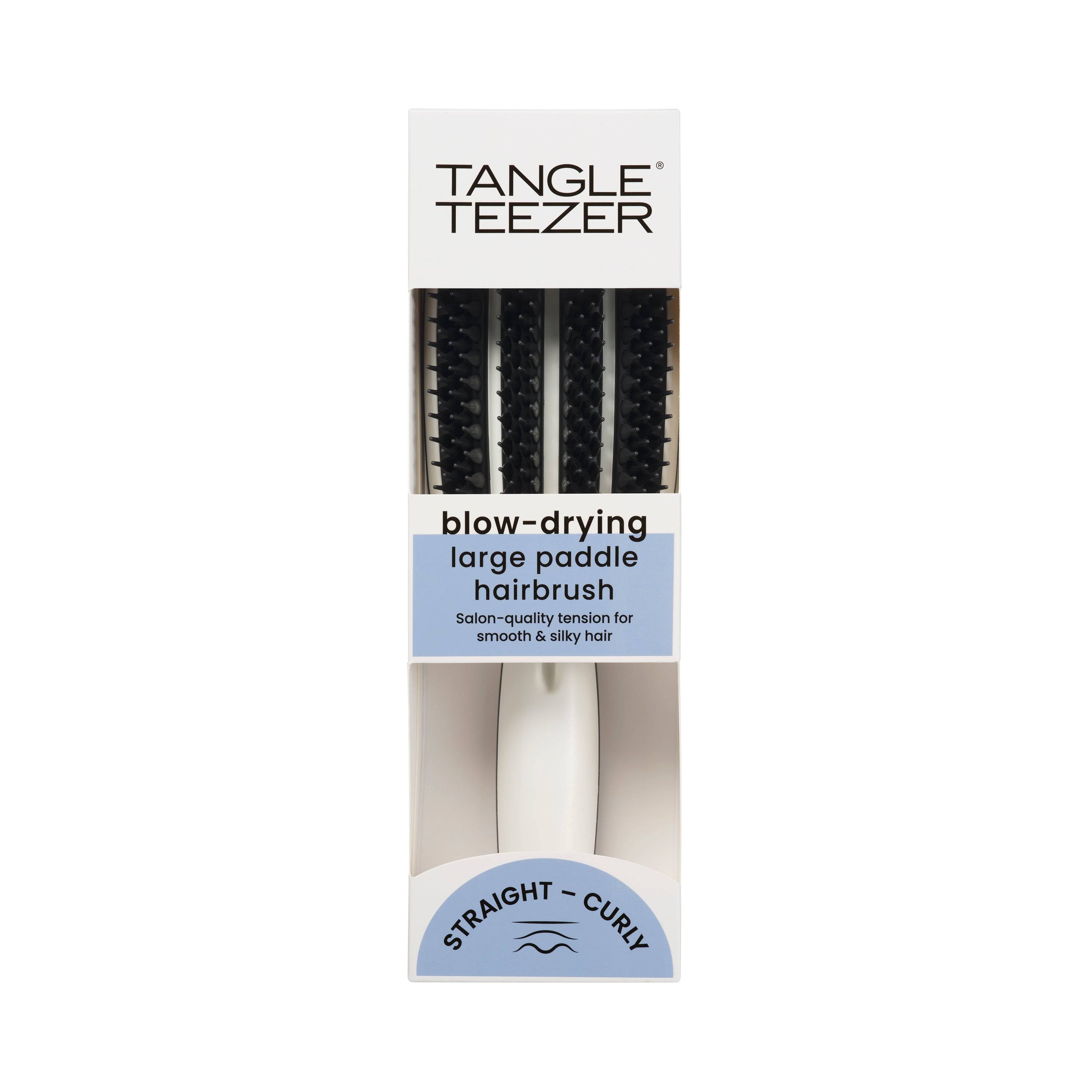 Tangle Teezer Blow Styling Full Paddle Brush in Blue-Cream, designed for smooth and frizz-free blow-drying. Features unique fixed-base teeth for faster drying.