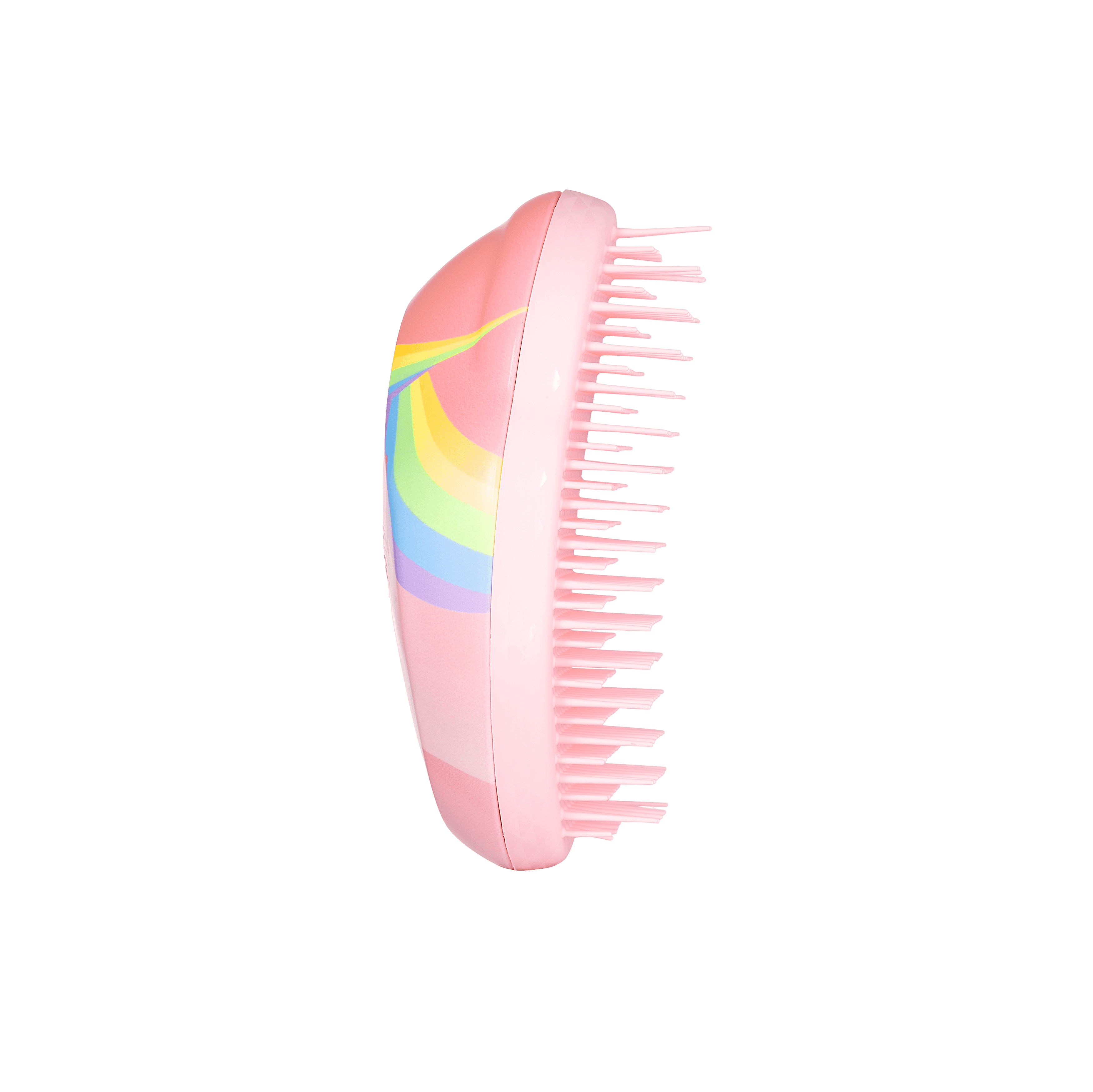 Tangle Teezer Original Mini Kids Rainbow the Unicorn hairbrush with a compact pink design and rainbow pattern. Features two-tiered teeth for gentle detangling.