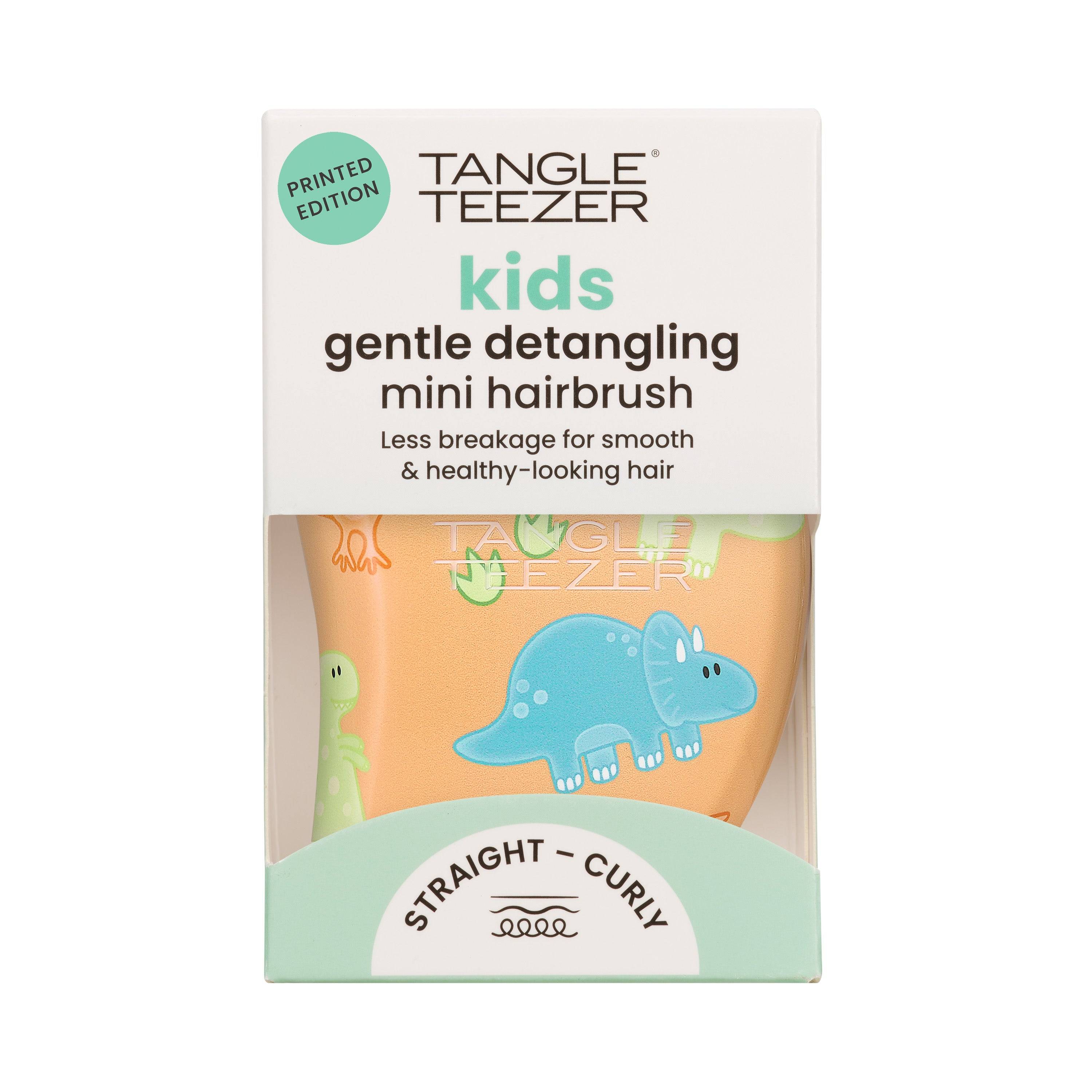 Tangle Teezer Original Mini Kids Dino Mighty hairbrush with a fun dinosaur design. Compact and gentle detangling brush for kids, reducing breakage.