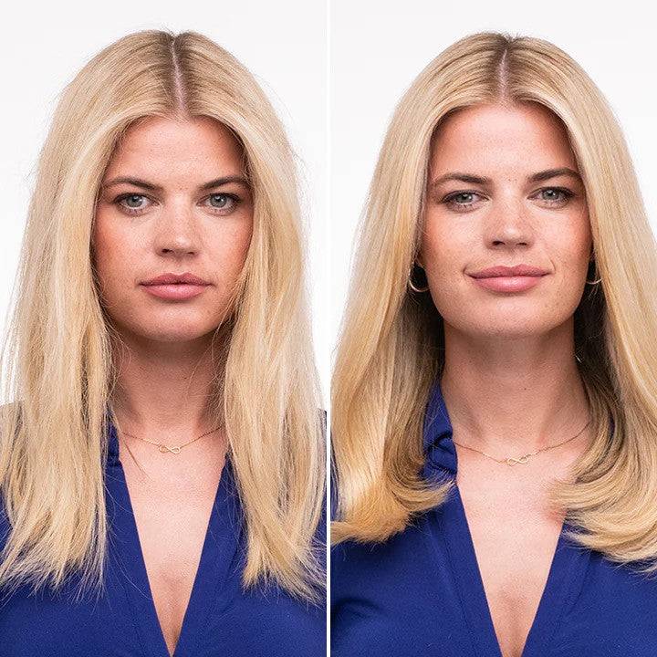 Before and after using Tangle Teezer The Ultimate Blow Dry brush, showing sleek, voluminous, and frizz-free hair results.