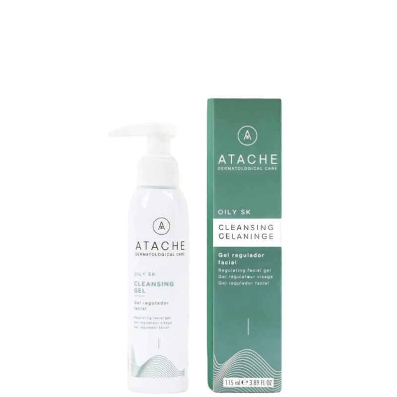 White facial cleansing gel bottle with pump dispenser next to green box, designed for oily skin, 115 ml, for deep cleansing and sebum regulation
