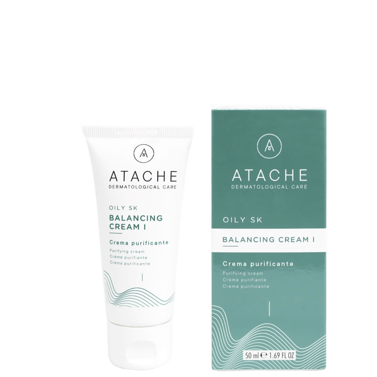 White tube of ATACHE OILY SK Balancing Cream for Acne with minimalist design and black text, alongside teal box packaging with wave pattern, 50 ml