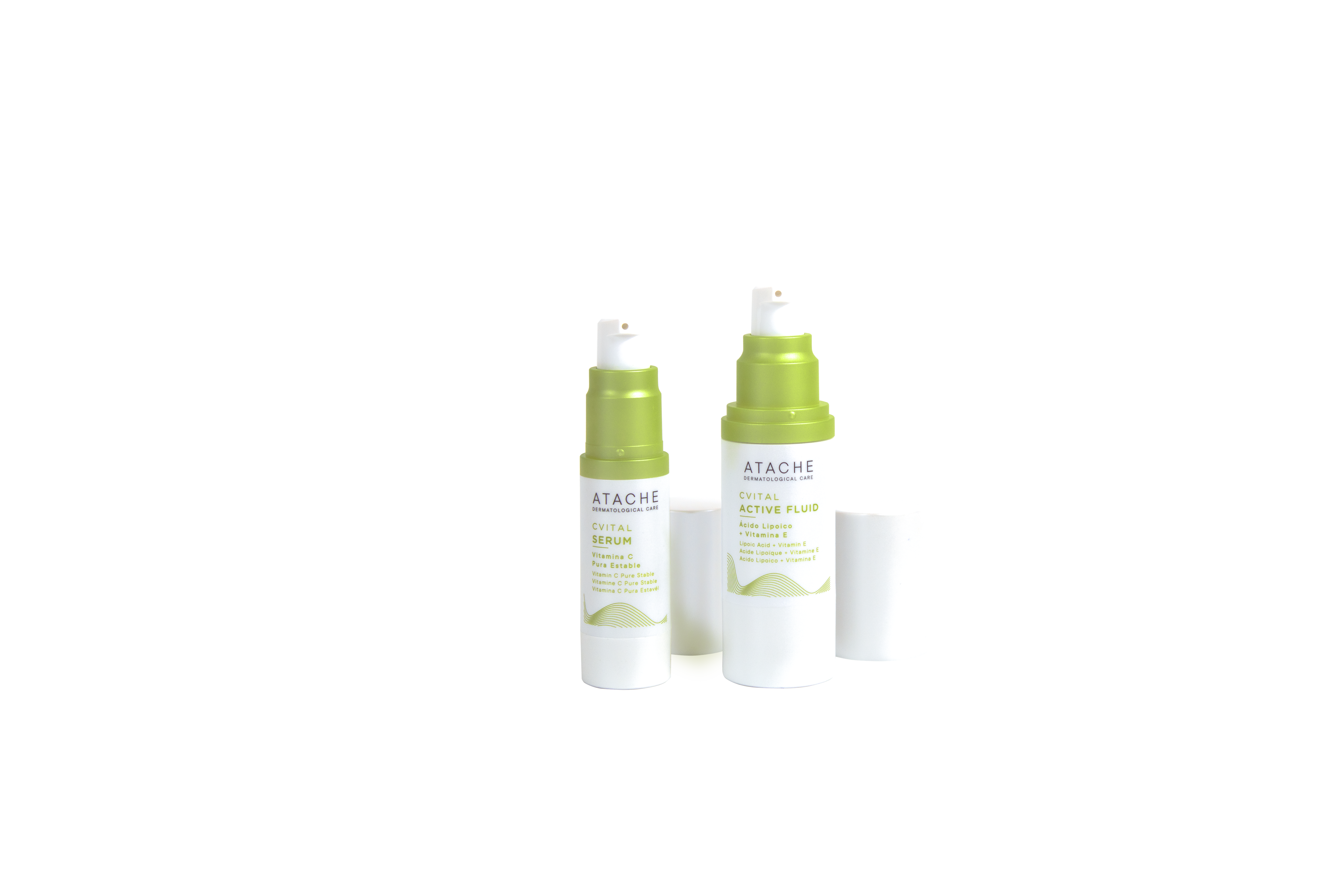 Set of Atache Vitamin C Serum and Active Fluid bottles with white and green packaging, designed for revitalizing and brightening skin