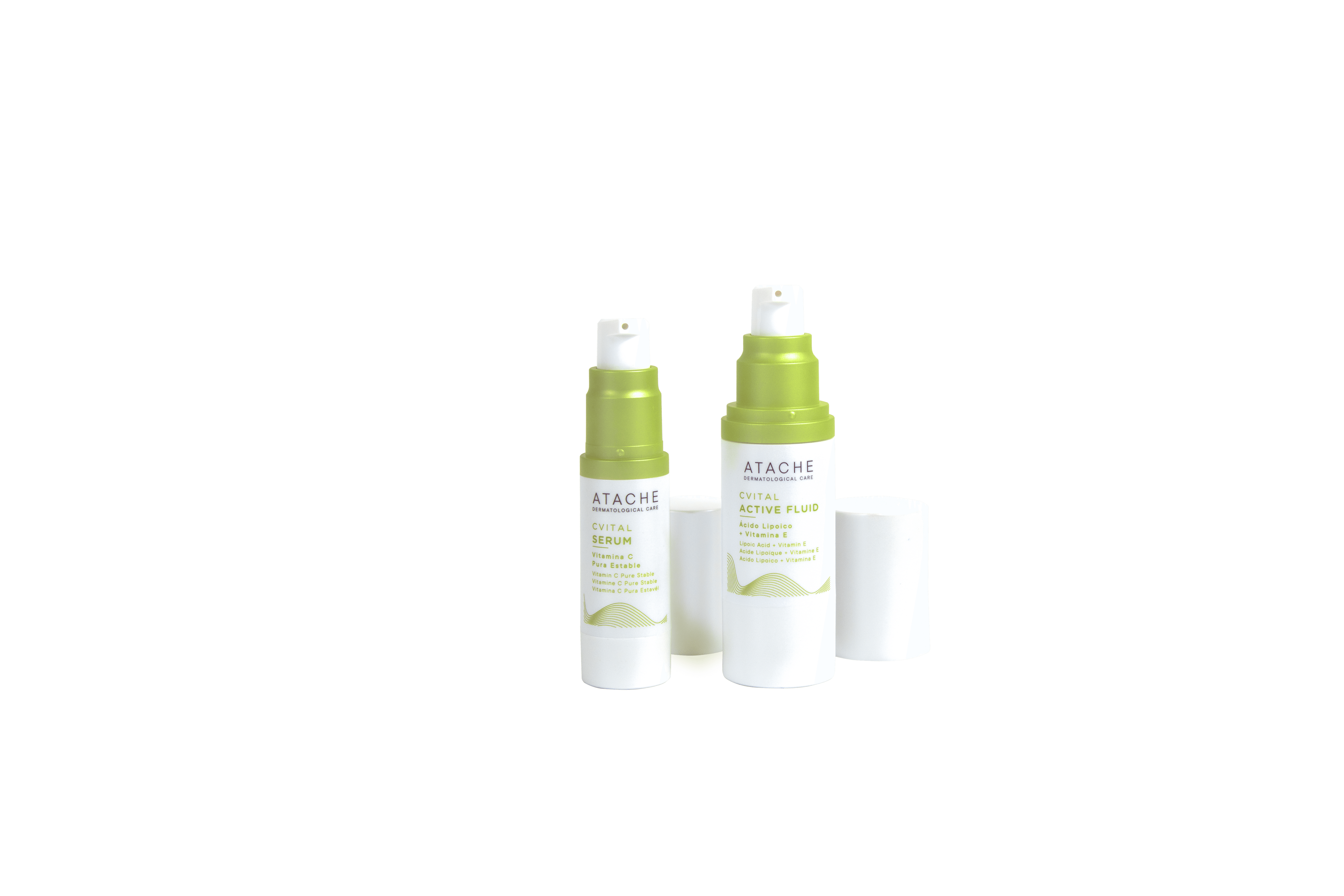 Set of Atache Vitamin C Serum and Active Fluid bottles with white and green packaging, designed for revitalizing and brightening skin