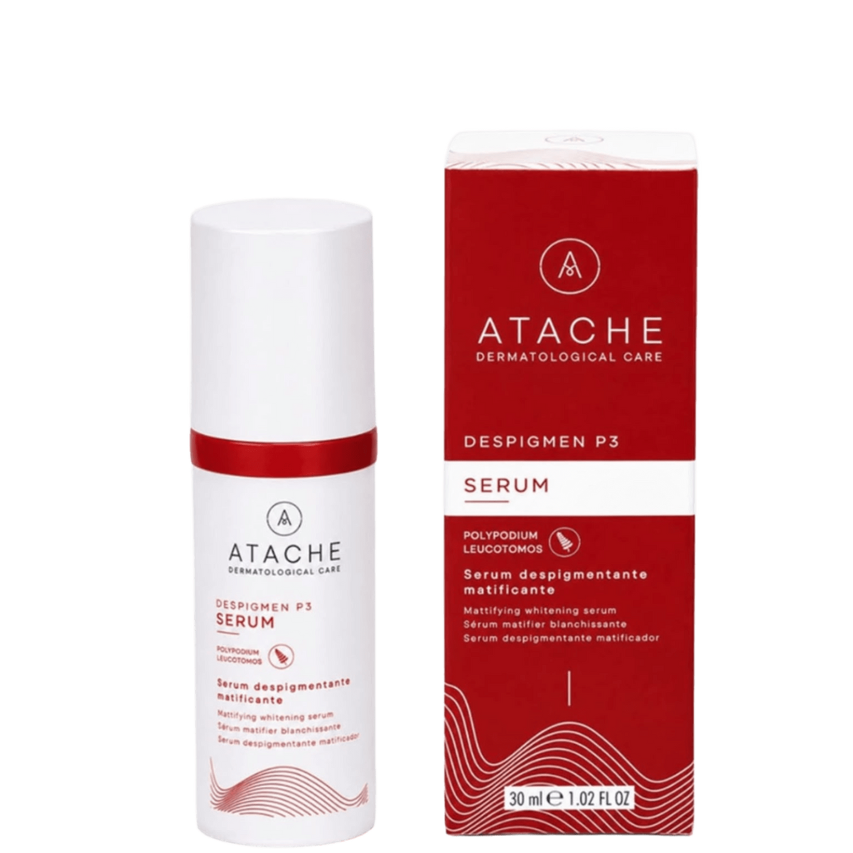 White cylindrical facial serum bottle with red band and black logo, next to red and white box packaging for Atache Despigmen P3 whitening serum for oily skin, 30ml