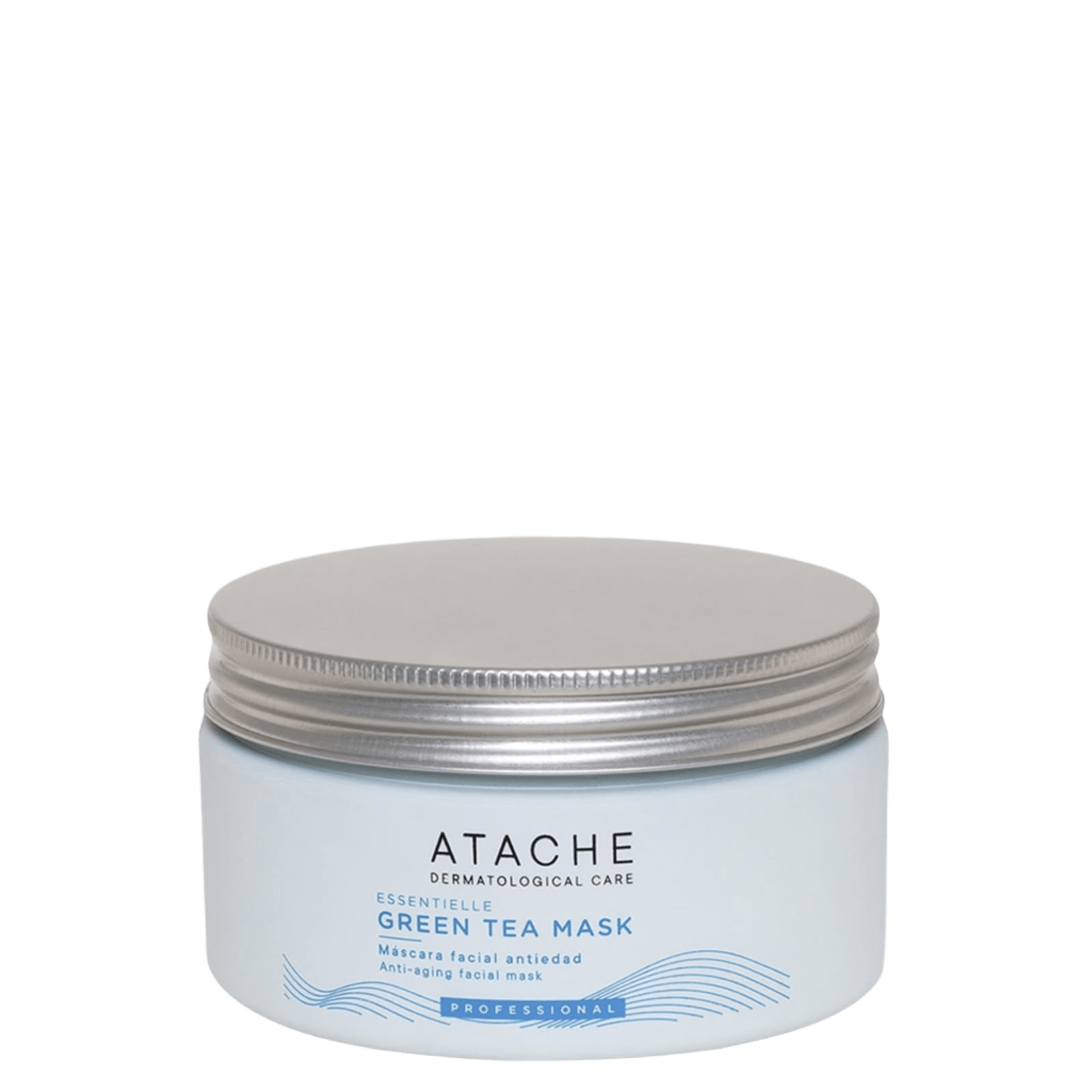A white cosmetic jar of ATACHE Green Tea Mask with a metallic silver lid, set against a plain white background.