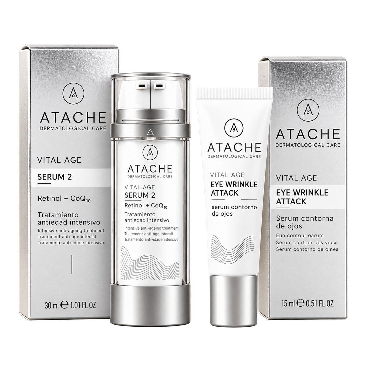 Silver box of ATACHE Vital Age anti-aging skincare set with serum and eye treatment, featuring sleek packaging and minimalist design