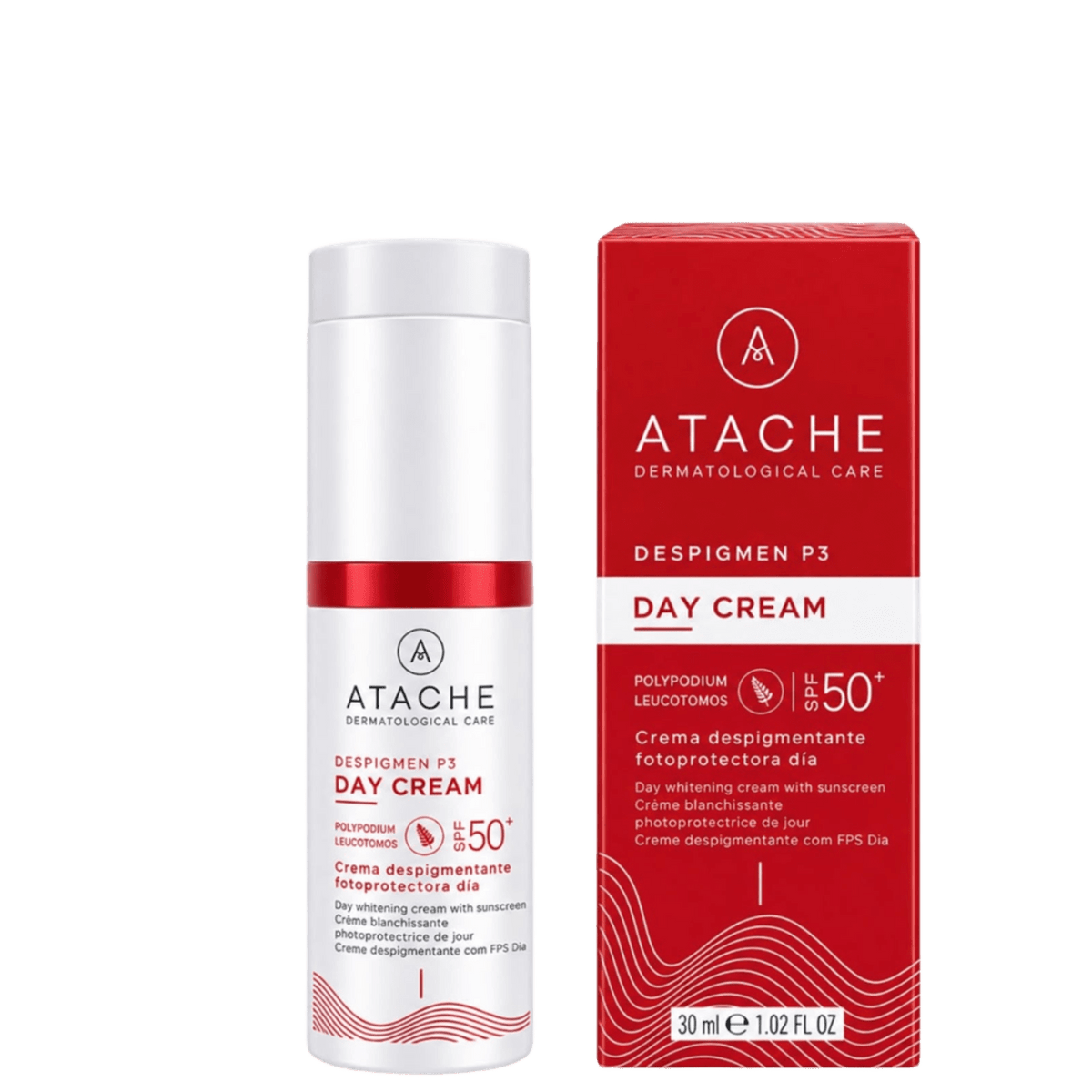 White cylindrical day cream container with red band and Atache logo, alongside red box packaging with SPF50+ and depigmenting benefits for skin care