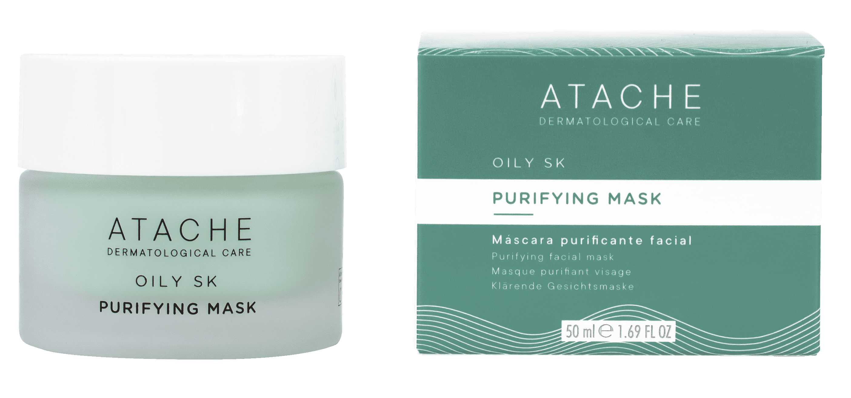 Light green jar of ATACHE Purifying Mask for Oily Skin with white lid, label displaying product name and purpose for oily, acne-prone skin