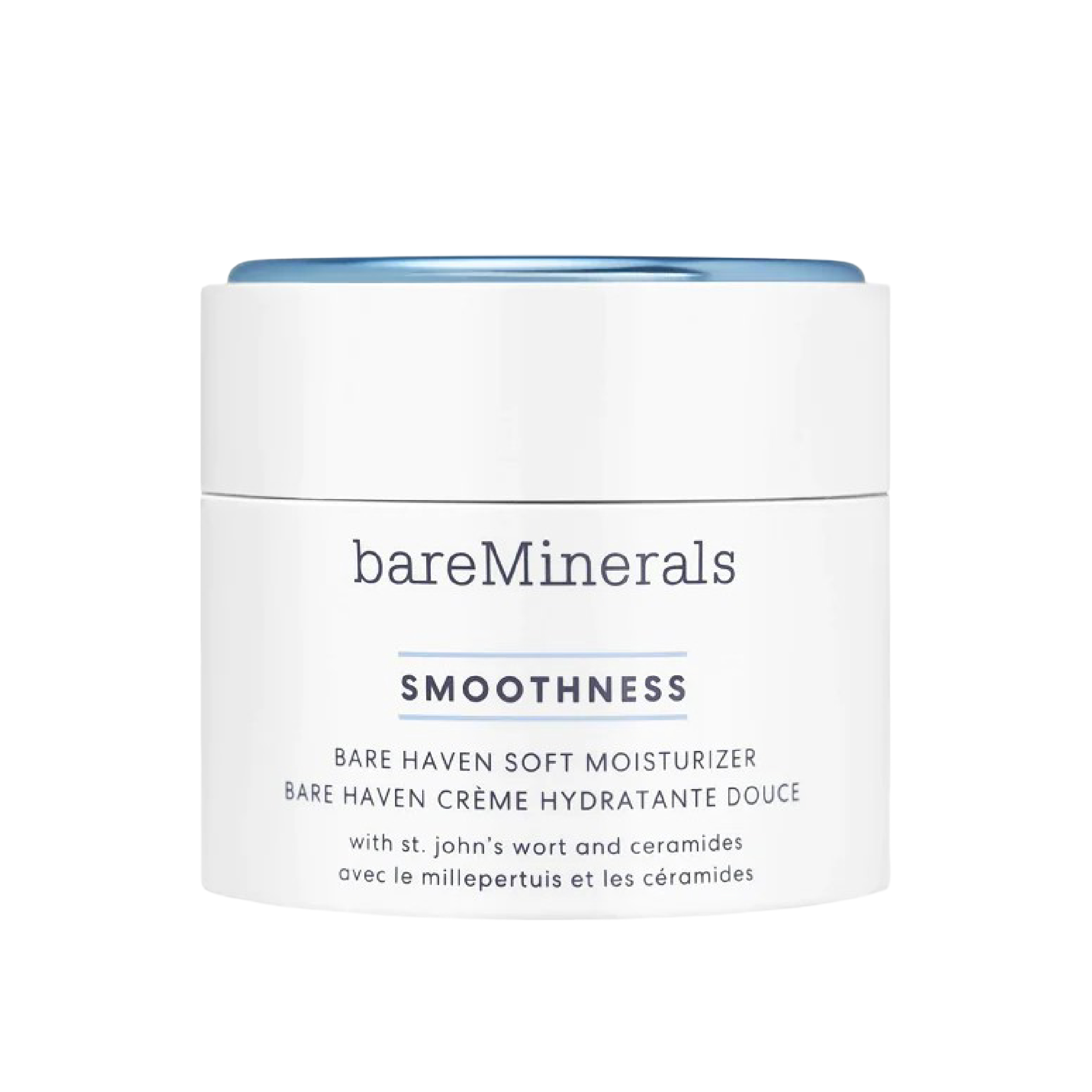BareMinerals Smoothness Bare Haven Soft Moisturizer 50 G in a sleek white jar with blue lid, enriched with St. John's Wort and ceramides for deep hydration.