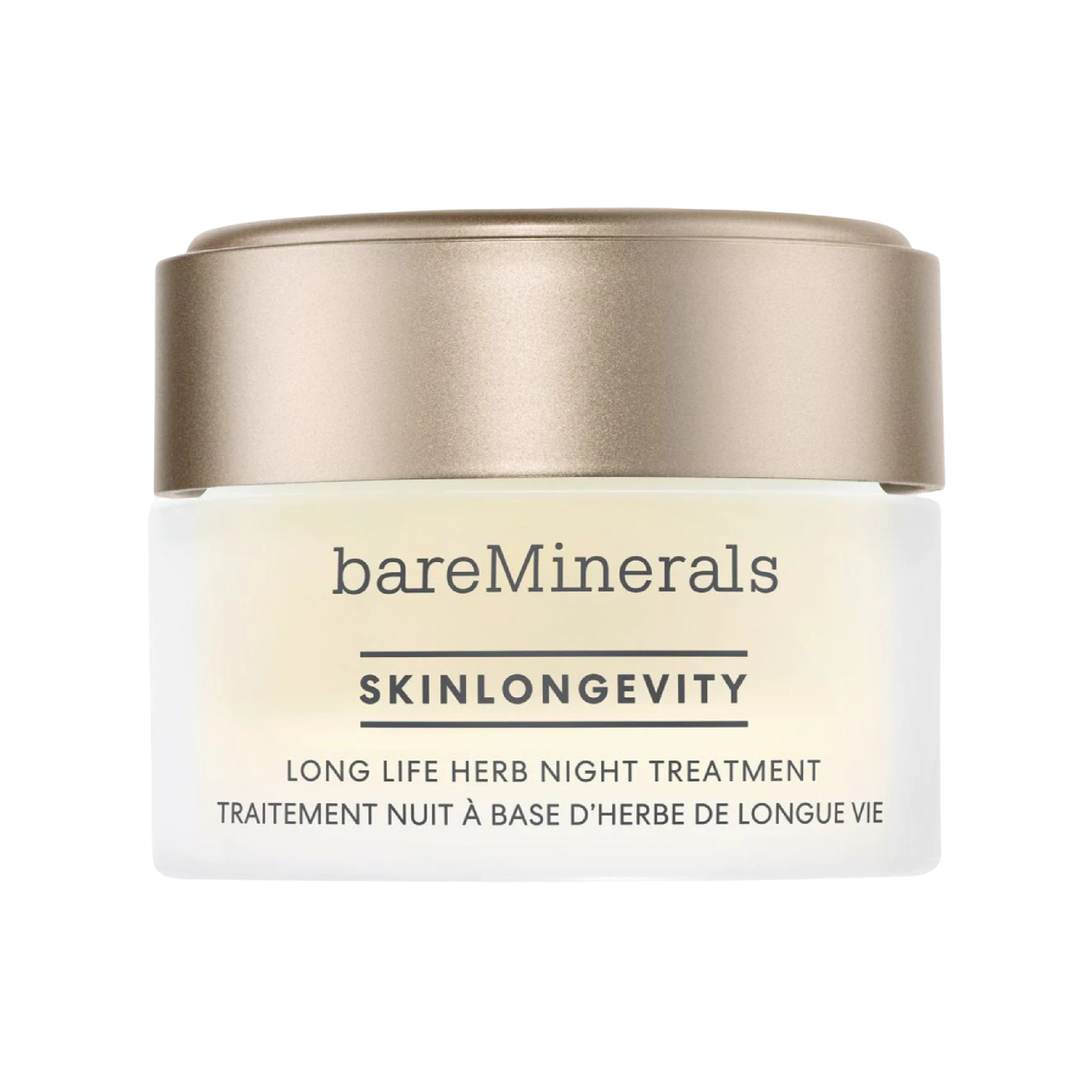 BareMinerals Skinlongevity Night Treatment 50 G, a vegan anti-aging gel-cream with Long Life Herb, strengthens skin overnight for a youthful look.