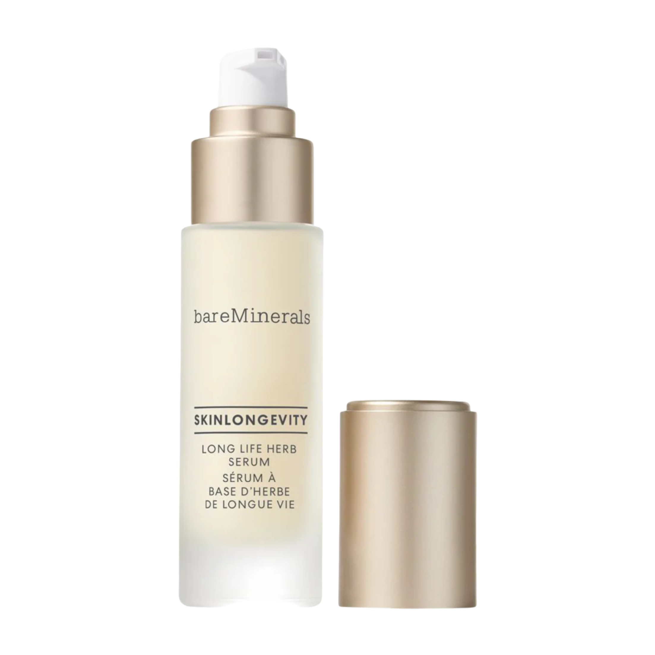 BareMinerals Skinlongevity Serum 50 ml with Long Life Herb, a vegan facial serum designed to strengthen the skin barrier and reduce visible signs of aging.