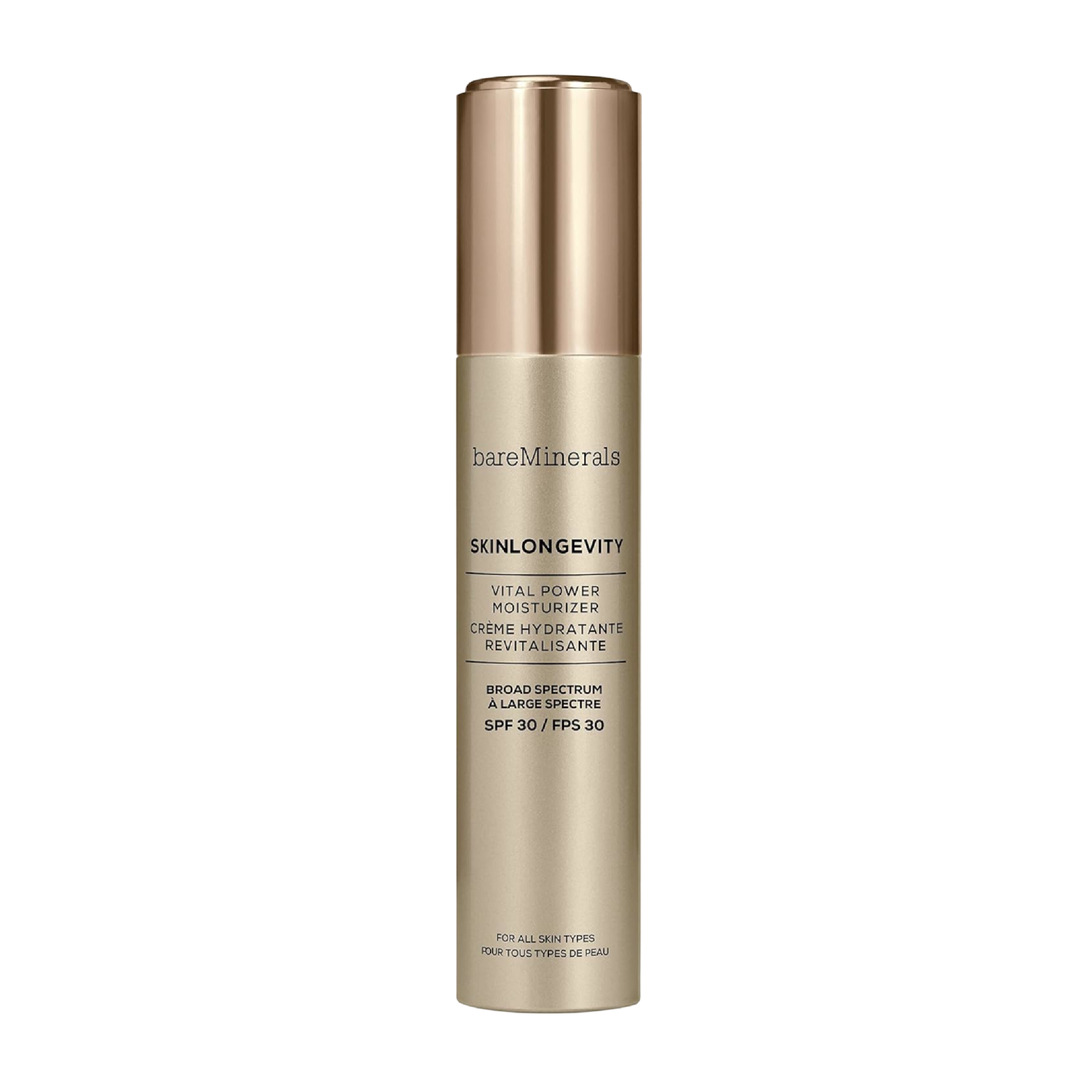 BareMinerals Skinlongevity Vital Power Moisturizer SPF30+ 50 ml in a sleek gold bottle. Hydrating facial moisturizer with sun protection for all skin types.