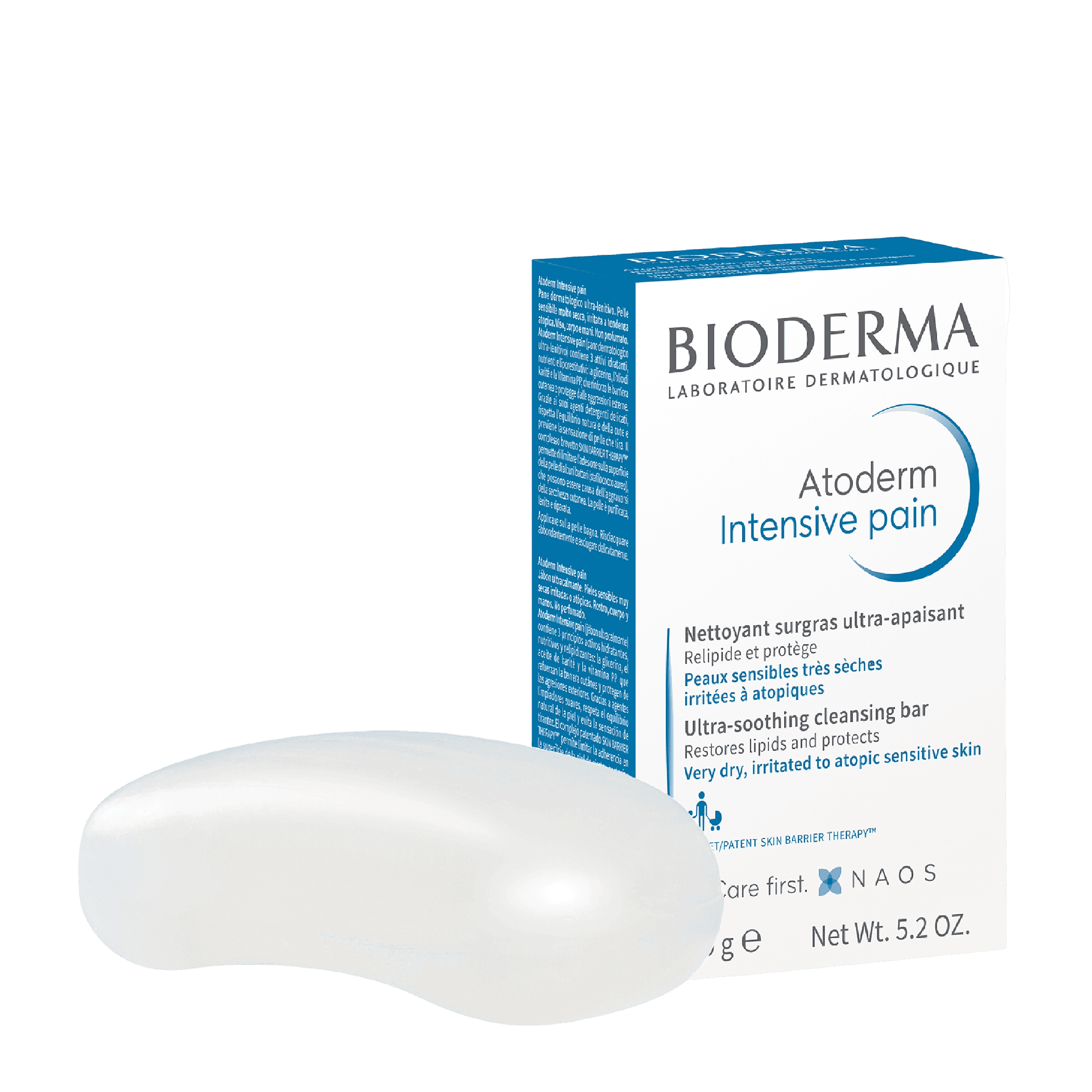 Bioderma Atoderm Intensive Pain 150 G is a soap-free cleansing bar for very dry and irritated skin. It nourishes and restores the skin barrier for lasting hydration.