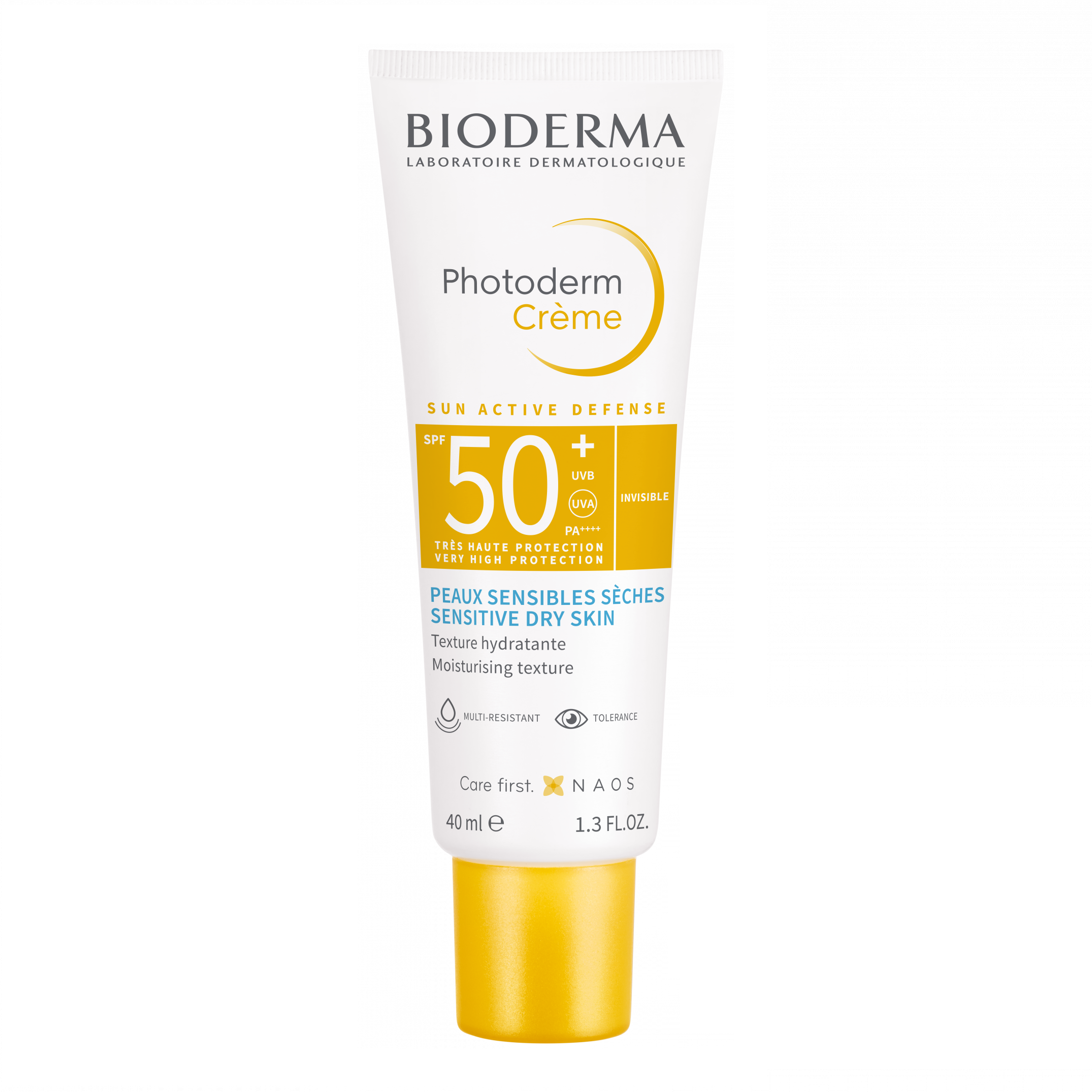 Bioderma Photoderm Creme Invisible SPF50+ 40ml tube. Provides high SPF50+ sun protection with a moisturizing formula for sensitive dry skin.