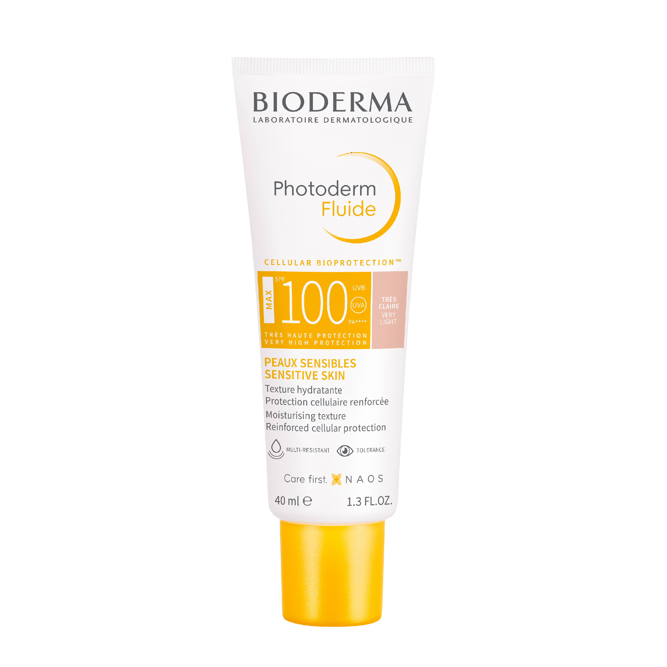 Bioderma Photoderm Fluide SPF100 sunscreen in a 40ml tube. High-protection sunblock for sensitive skin, preventing sunburn and dark spots.