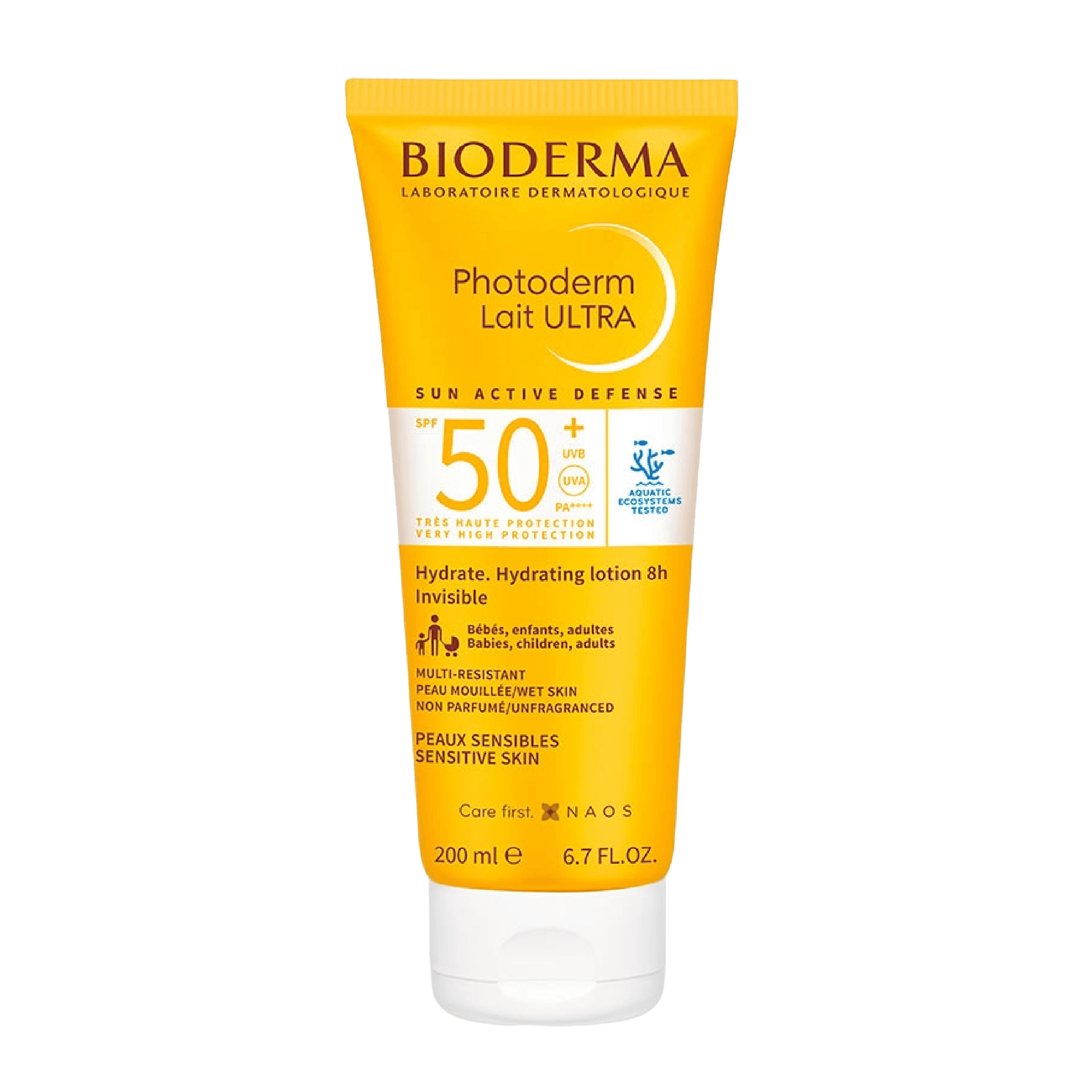Bioderma Photoderm Ultra Lait SPF50+ 200 ml offers high UVA/UVB protection for sensitive skin. This hydrating sunblock is lightweight and water-resistant.