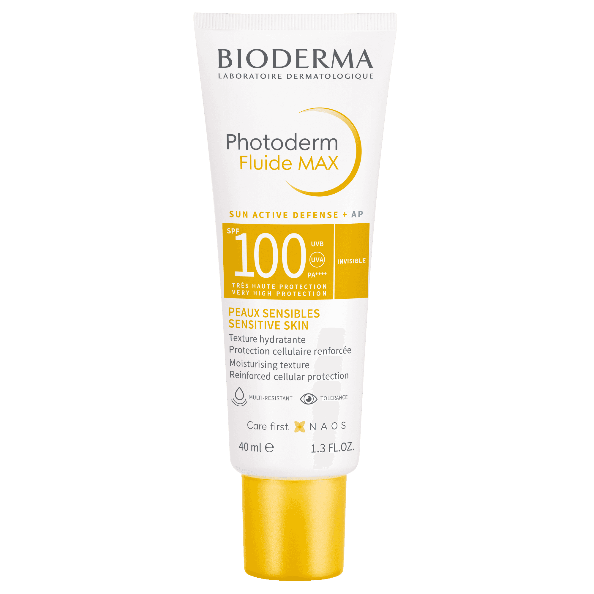 Bioderma Photoderm Fluide MAX SPF100+ sunscreen in a 40ml tube. Designed for sensitive skin with high sun protection and a lightweight texture.