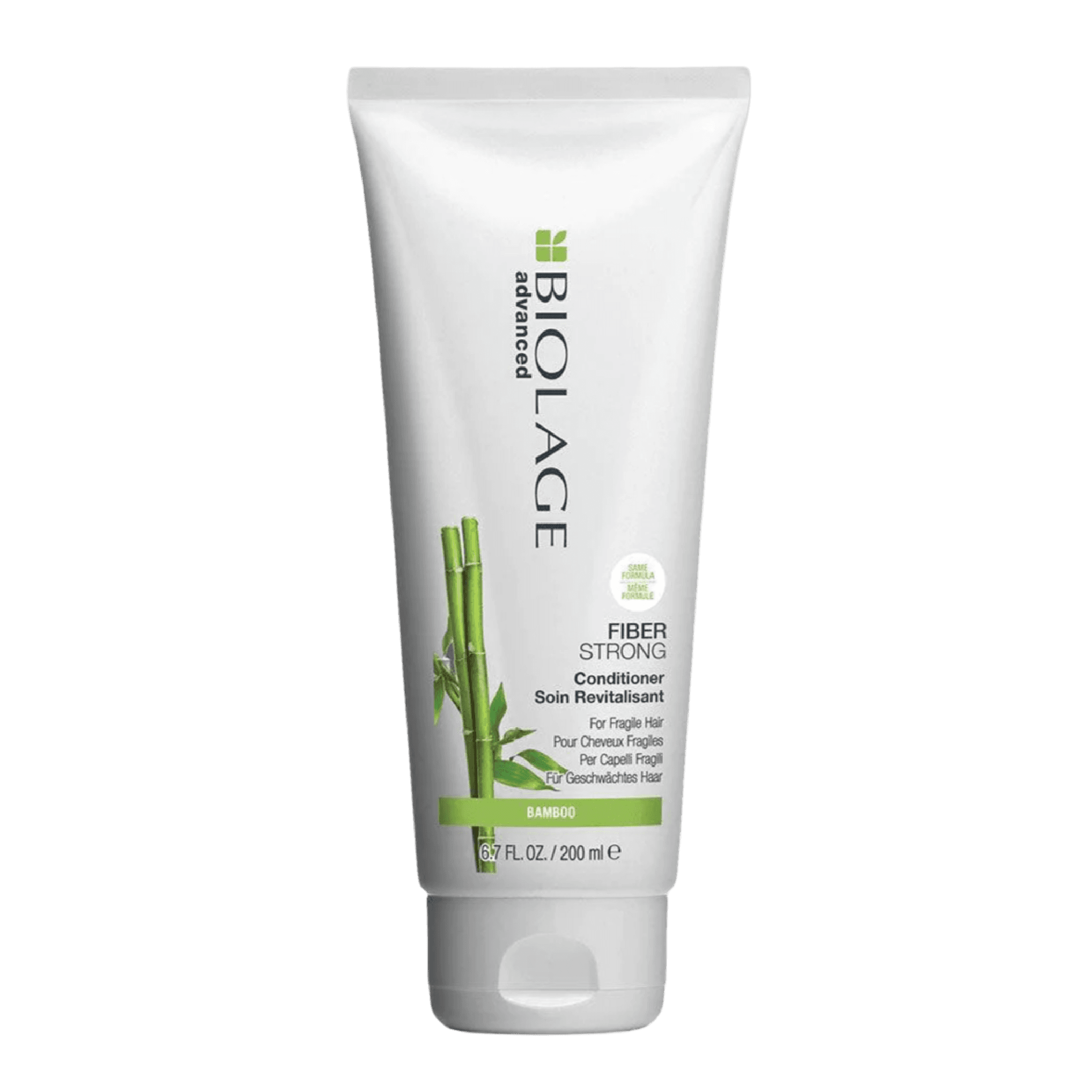 Biolage Fiber Strong Conditioner 200 ml strengthens fragile hair with bamboo and ceramide. Ideal for reducing breakage and split ends, sulfate-free formula.
