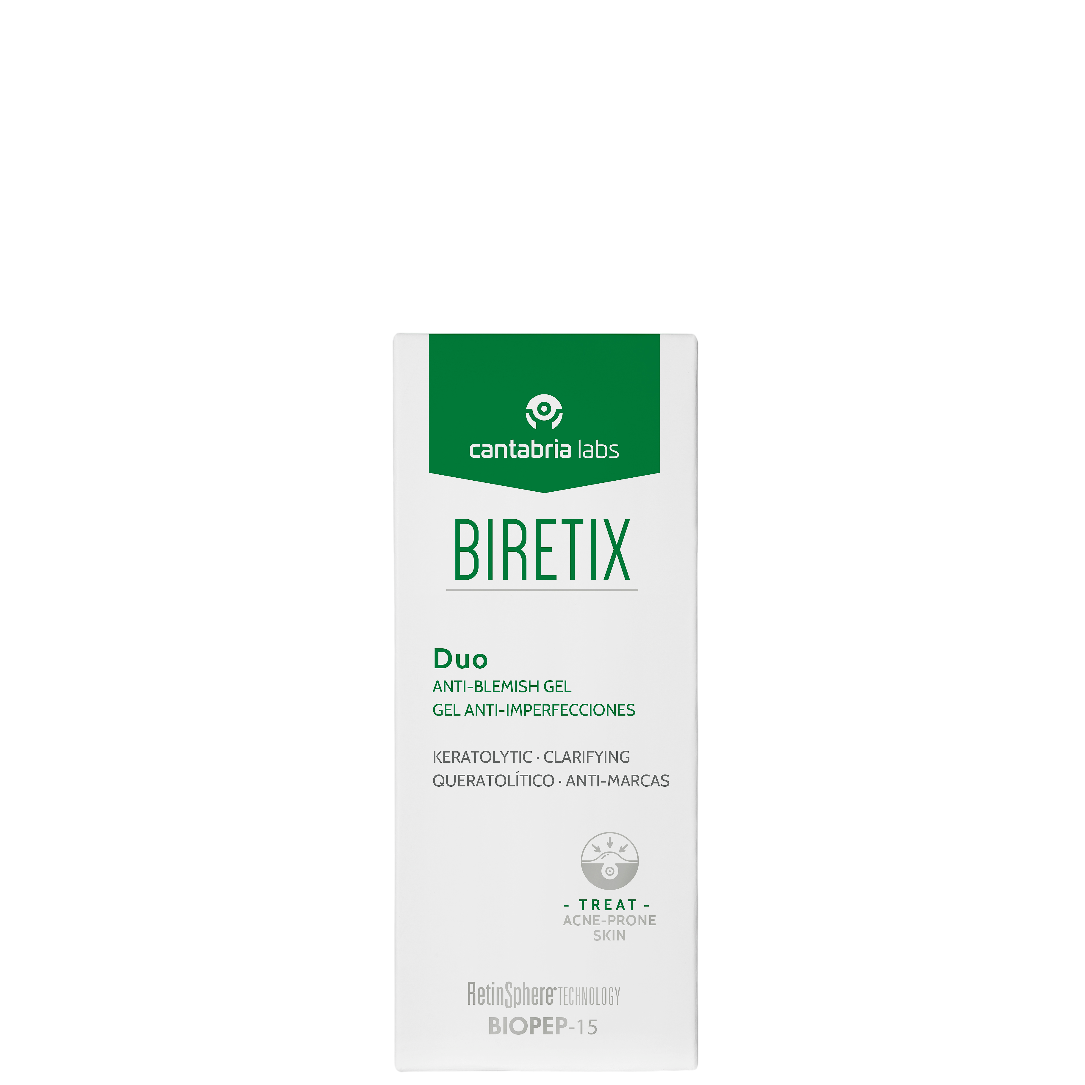 Biretix Duo Anti-Blemish Gel 30 ml box packaging featuring RetinSphere Technology and BIOPEP-15 for acne-prone skin treatment.