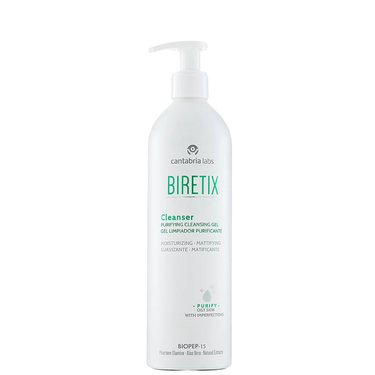 Biretix Purifying Cleansing Gel 400 ml facial cleanser with pump bottle, ideal for oily and combination skin, hydrates and mattifies without drying.