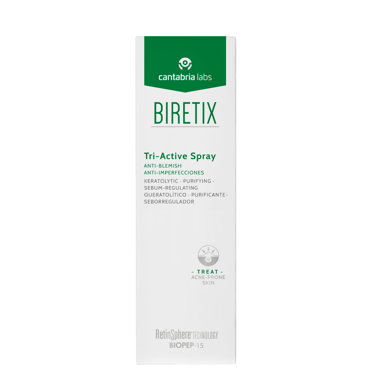 Biretix Tri-Active Spray 100 ml box packaging for body blemishes with RetinSphere Technology, ideal for acne-prone skin on chest and back.