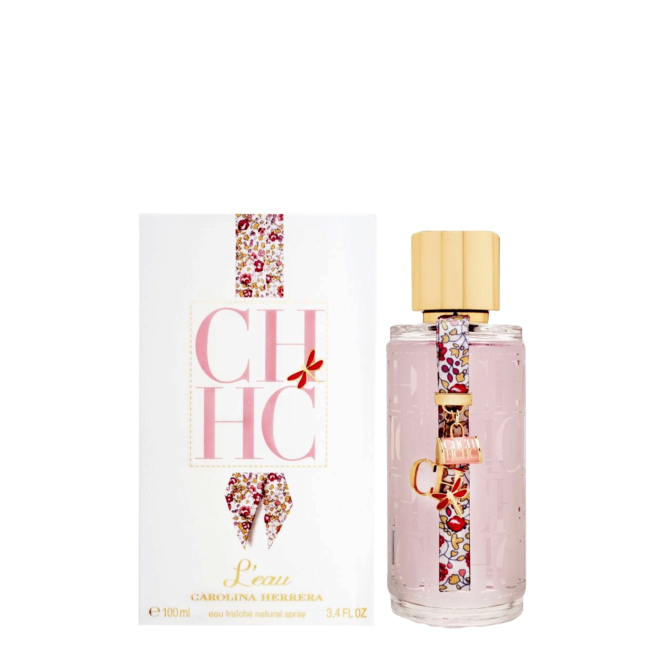 CH Carolina Herrera L'eau 100 ml perfume features a fresh, vibrant fragrance with citrus and floral notes. Elegant bottle with gold accents and floral design.