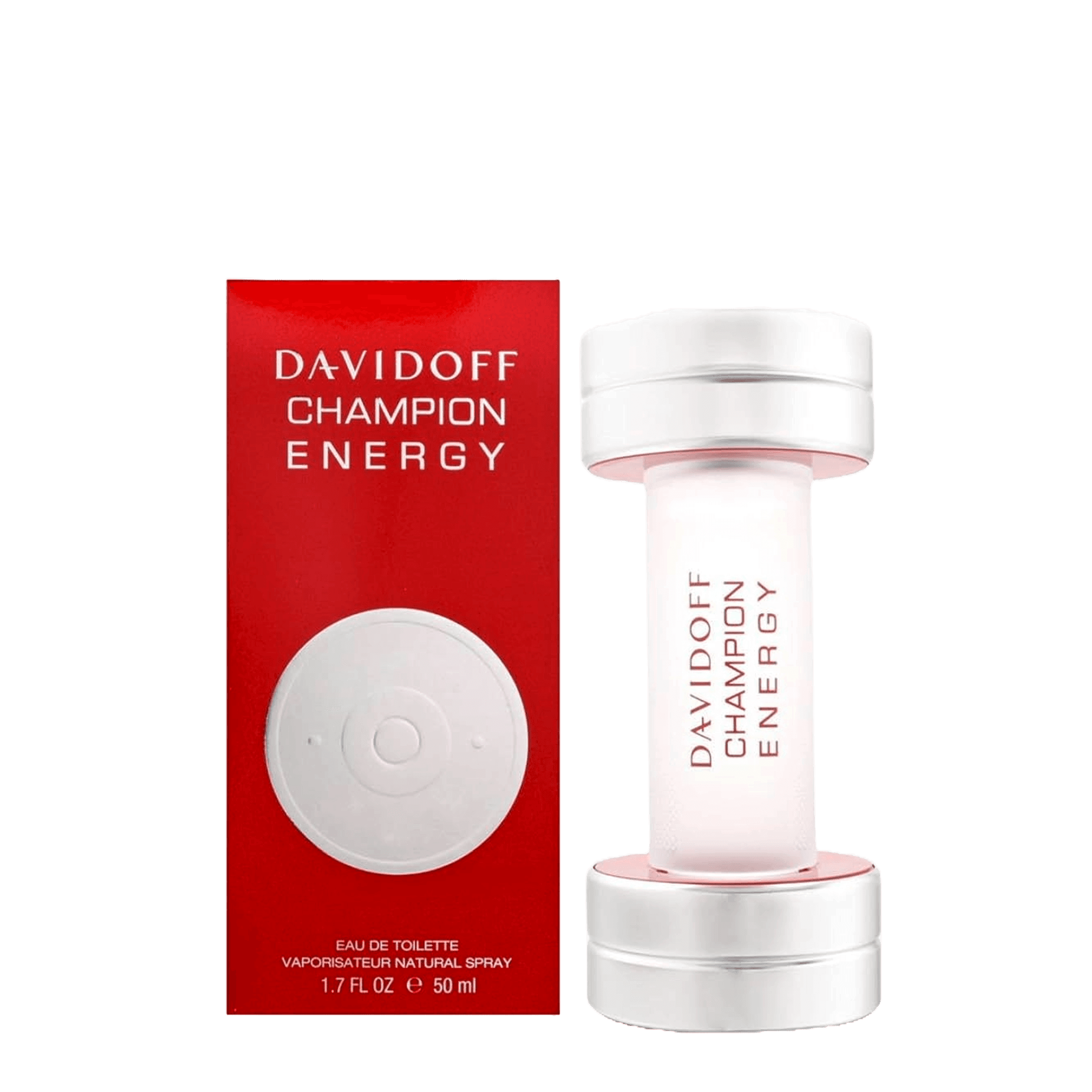 Davidoff Champion Energy Eau de Toilette 90 ml features a bold, invigorating fragrance for men. The bottle design resembles a dumbbell, symbolizing strength and vitality.