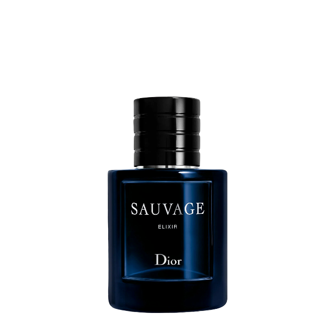 Dior Sauvage Elixir 60ml perfume bottle in deep blue with bold black cap, a luxury men's fragrance in the Eaux de Parfum category.