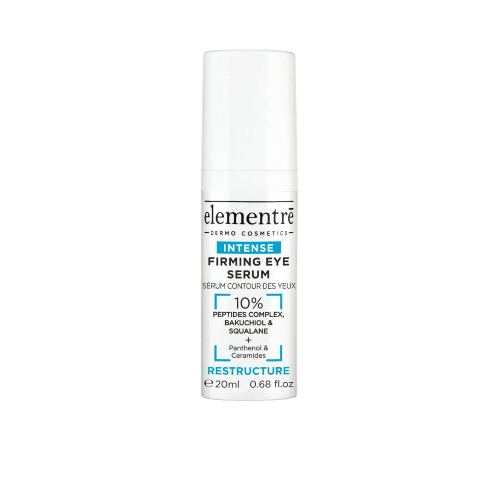 White cylindrical bottle of Elementre Firming Eye Serum with black and blue text, indicating it targets fine lines and puffiness, 20ml size.