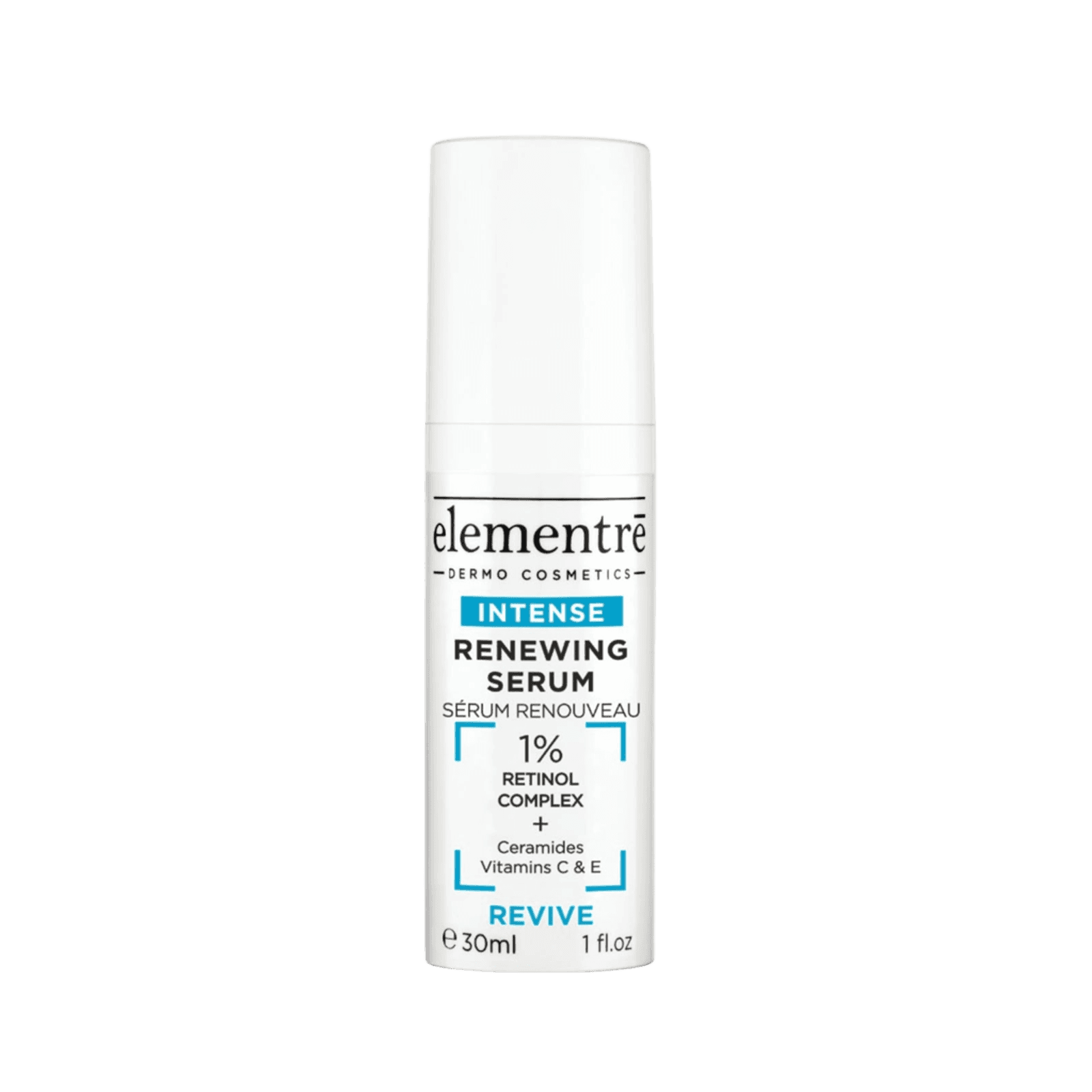 White cylindrical bottle of Elementre Retinol Renewing Serum with black and blue text, indicating skin rejuvenation, 30ml size
