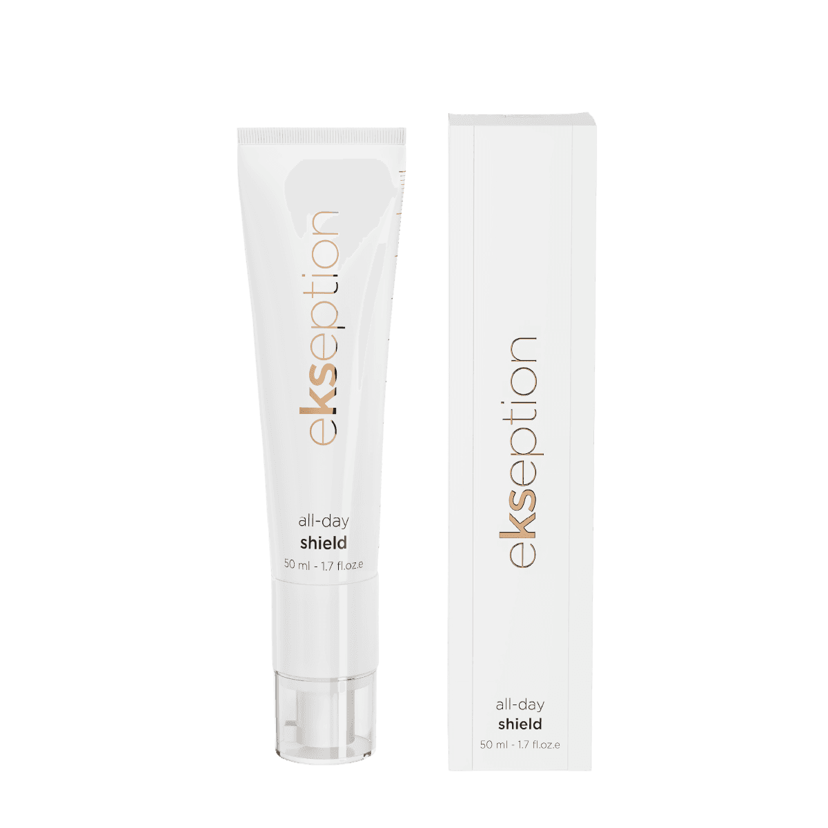 Ekseption All Day Shield SPF50+ 50 ml sunblock in a sleek white tube with gold branding, alongside its matching box. Provides sun protection and strengthens the skin barrier.